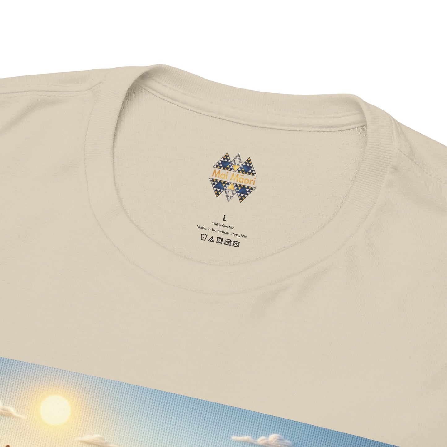 Natural beige T-shirt close-up of crew neck with small chest emblem