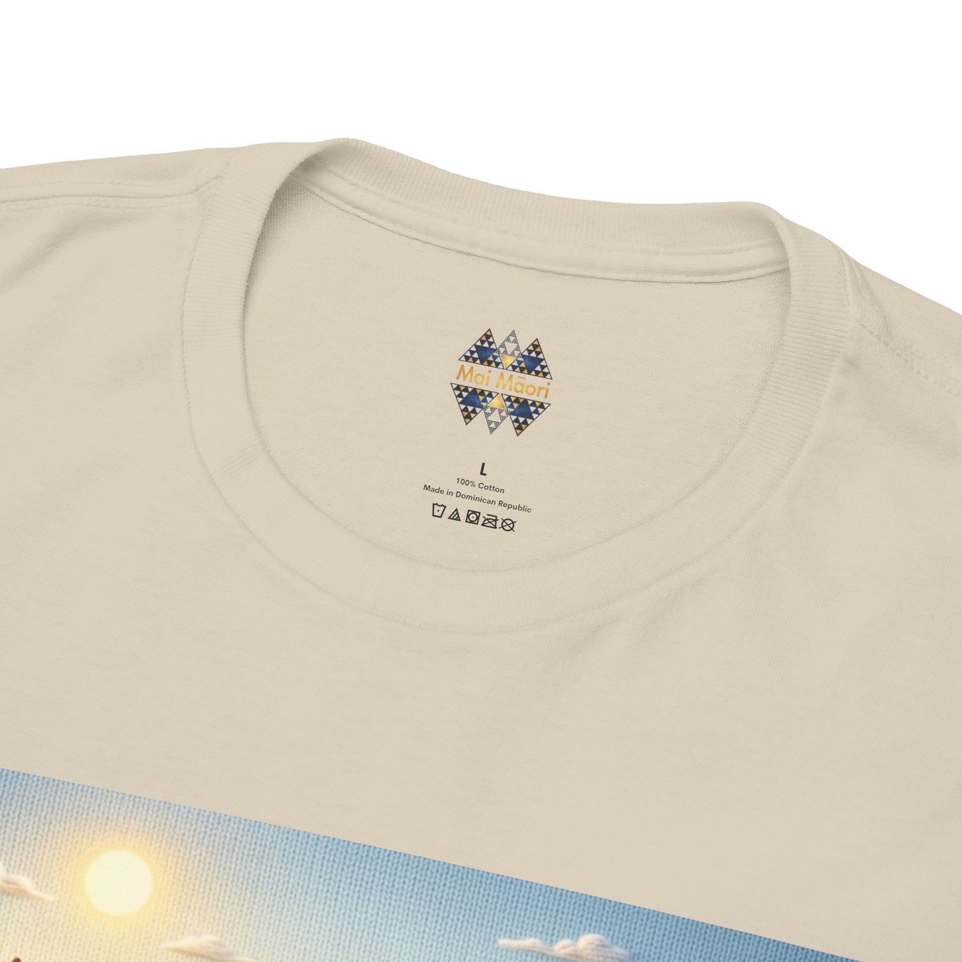 Natural beige T-shirt close-up of crew neck with small chest emblem