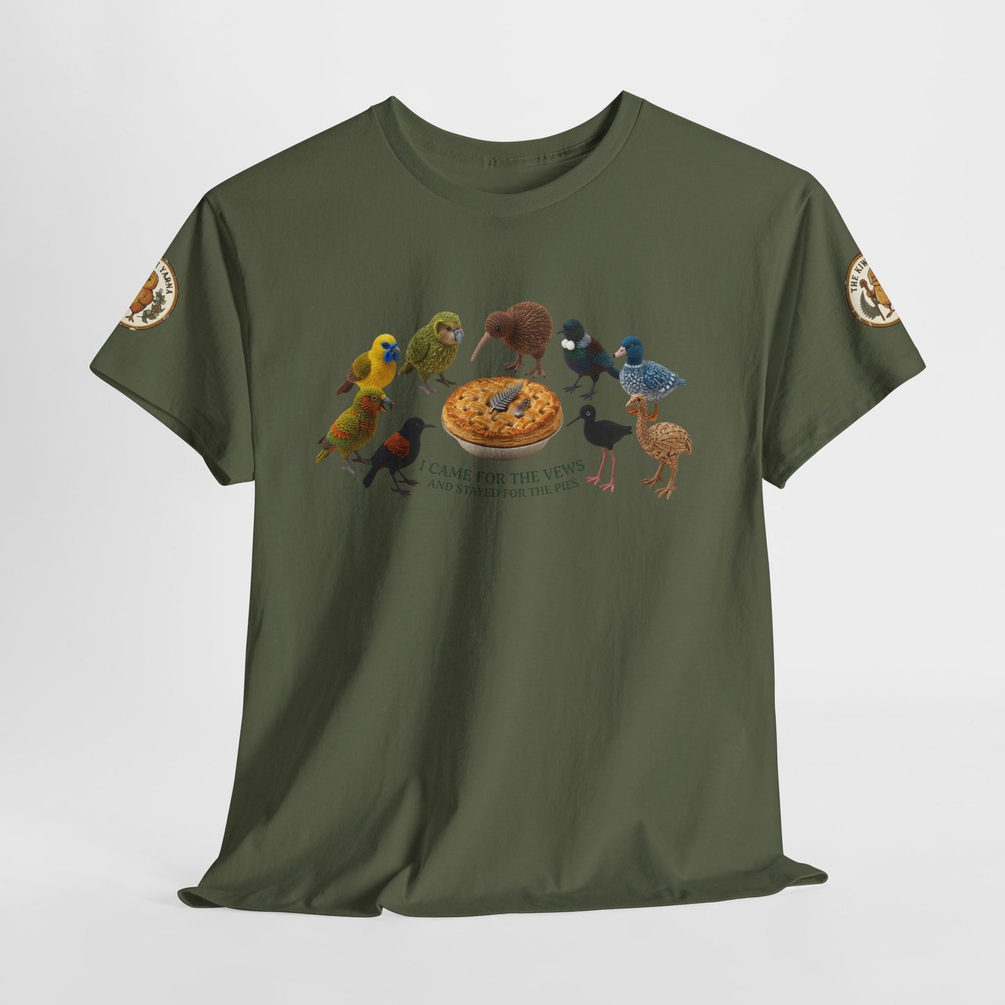 Dark green T-shirt with birds and pie graphic, short sleeves and crew neckline