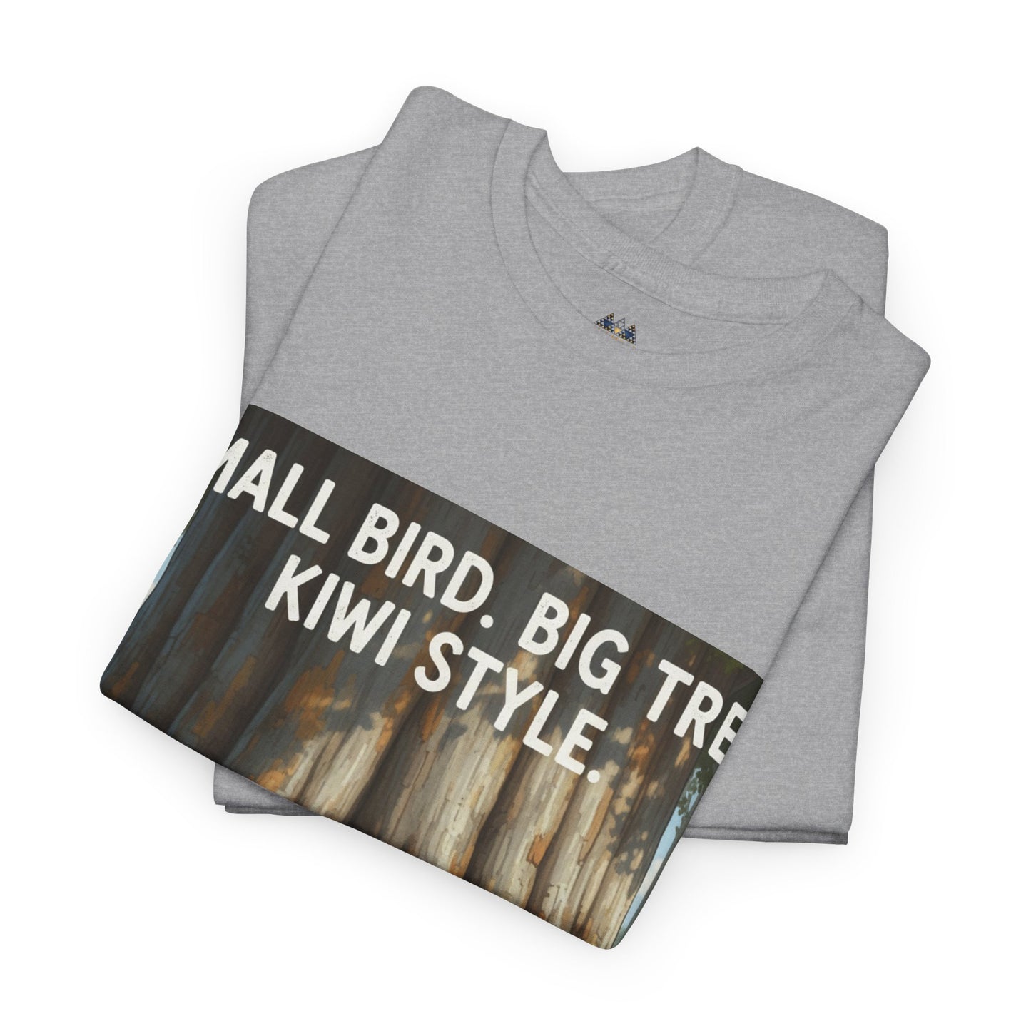 Heather gray crew-neck t-shirt with front graphic panel featuring text and trees