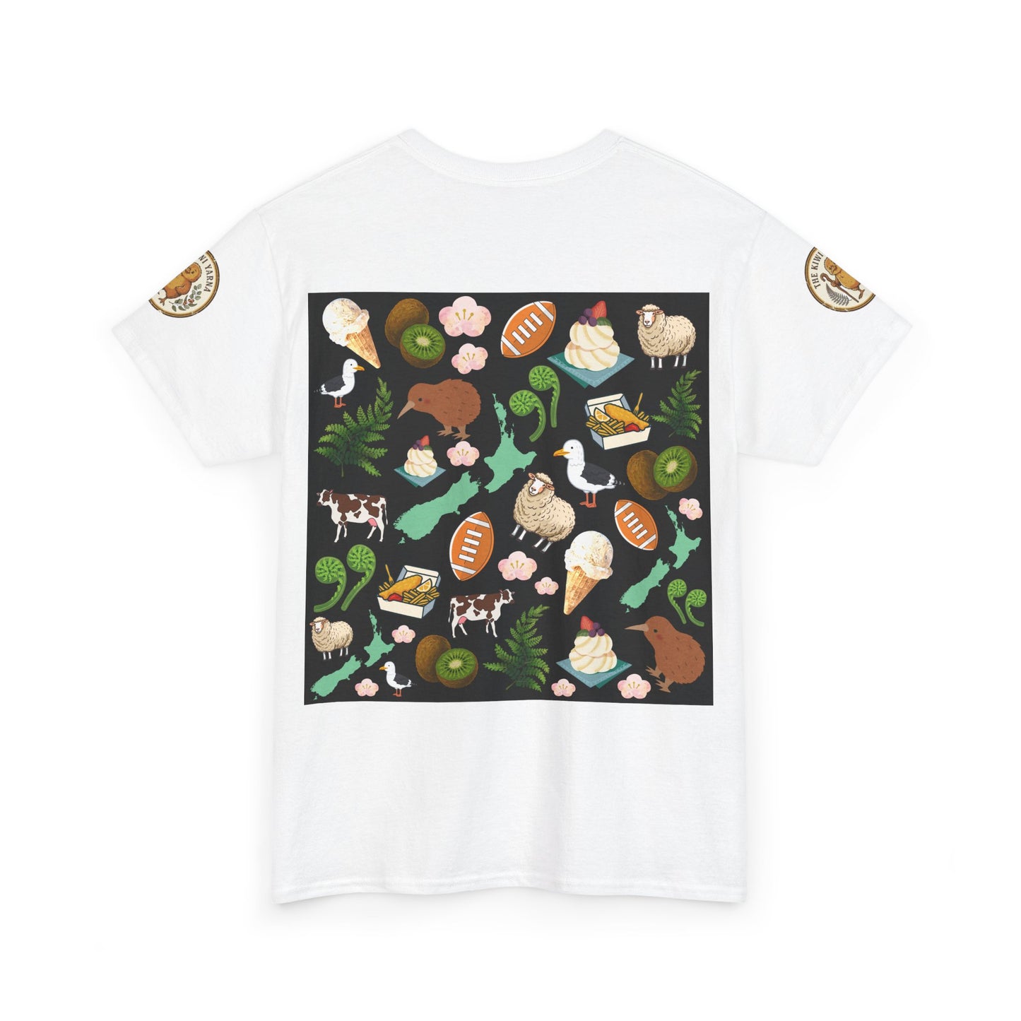 White T-shirt with large black box Kiwiana graphic collage on back