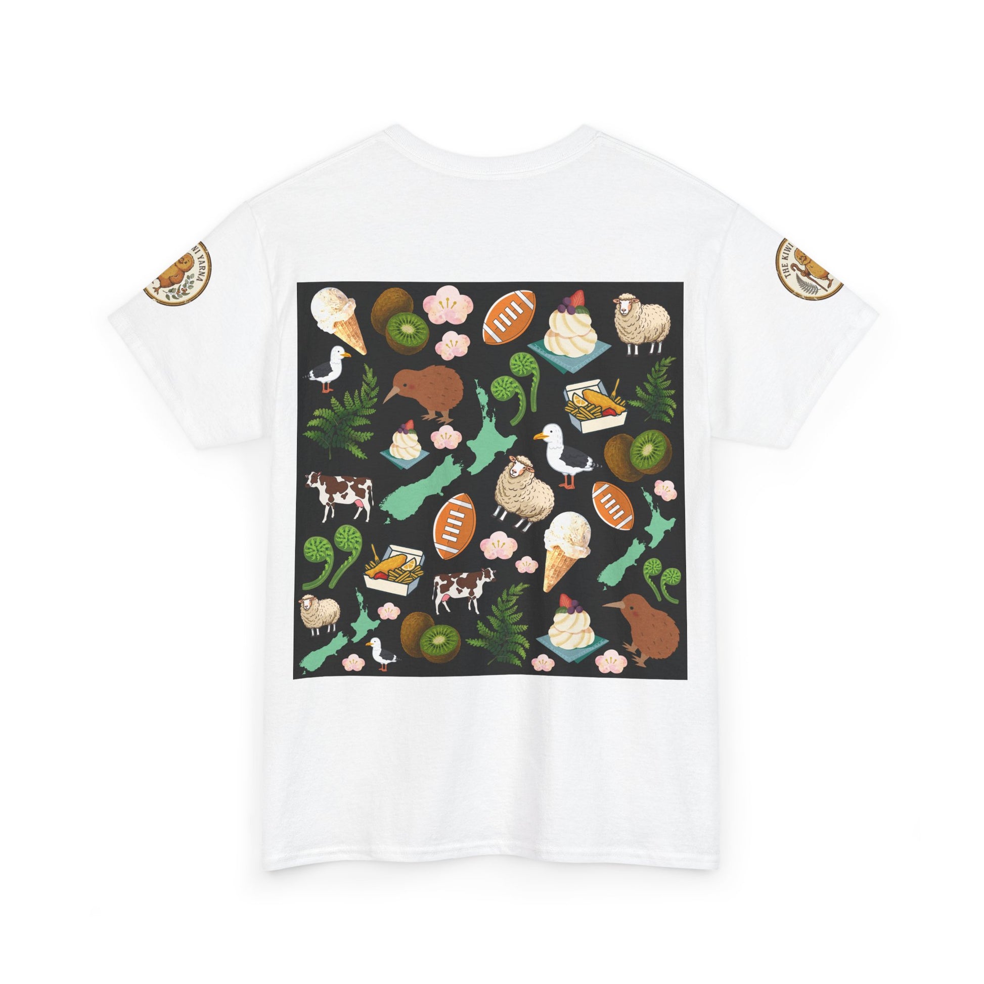 White T-shirt with large black box Kiwiana graphic collage on back
