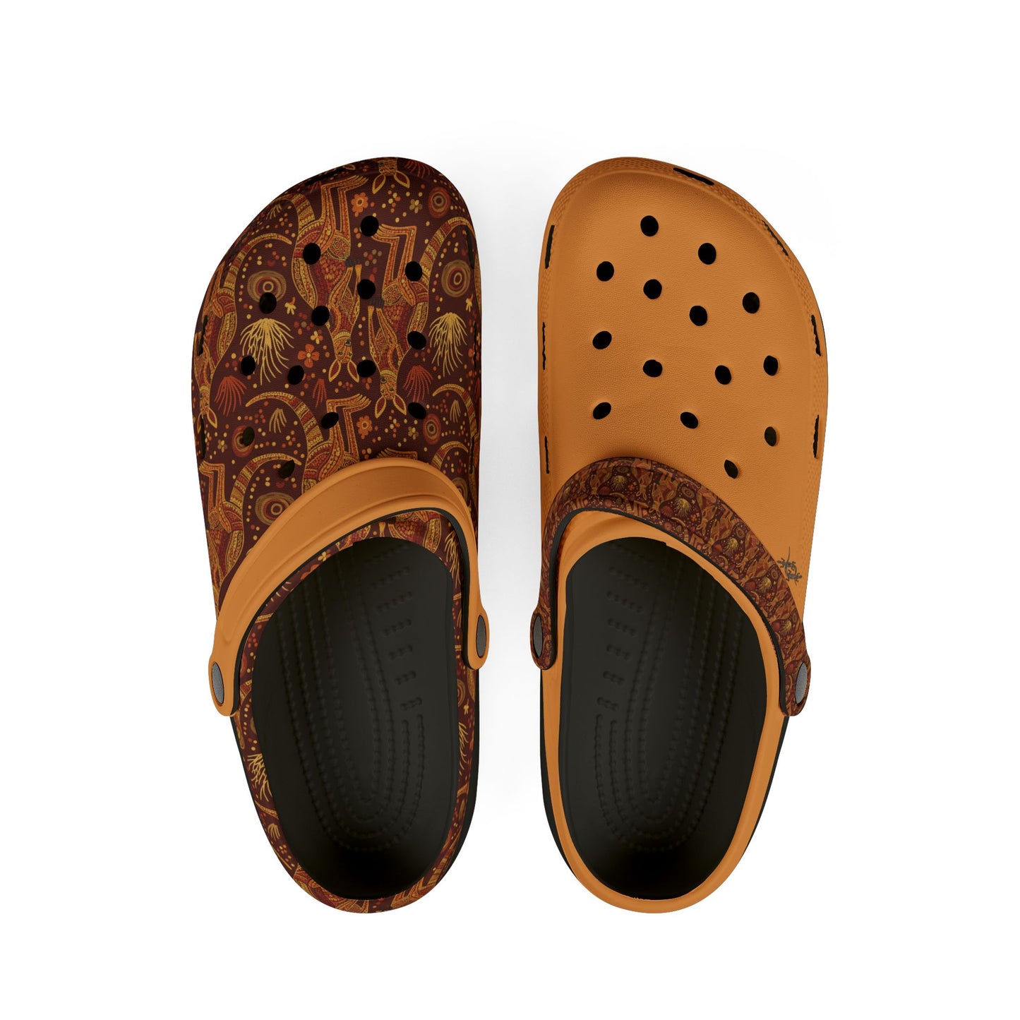 Pair of slip-on clogs with patterned brown upper, orange toe, black interior