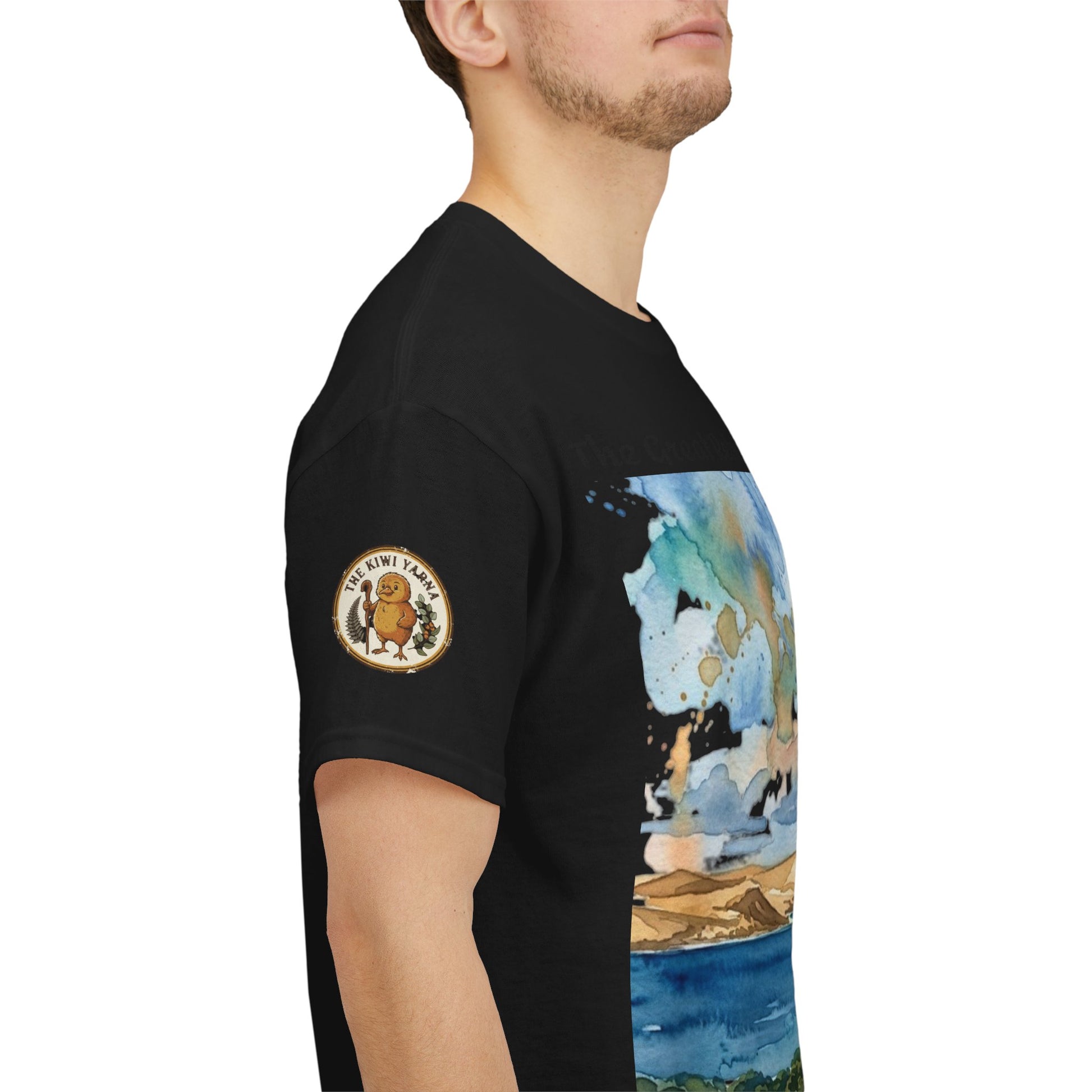 Black T-shirt with side watercolor print panel and small circular chest logo