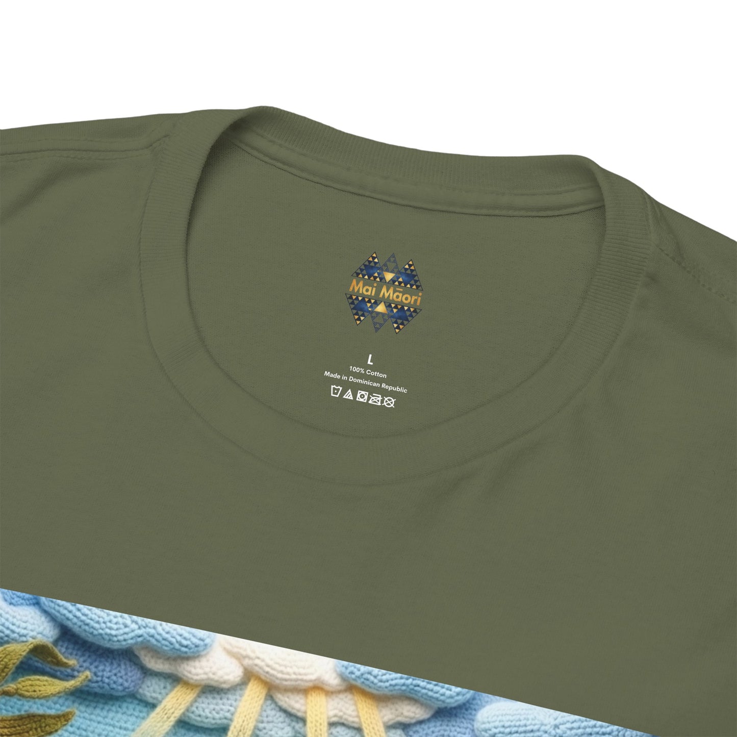 Olive crew-neck T-shirt with small brand logo at neckline and undersea graphic hem