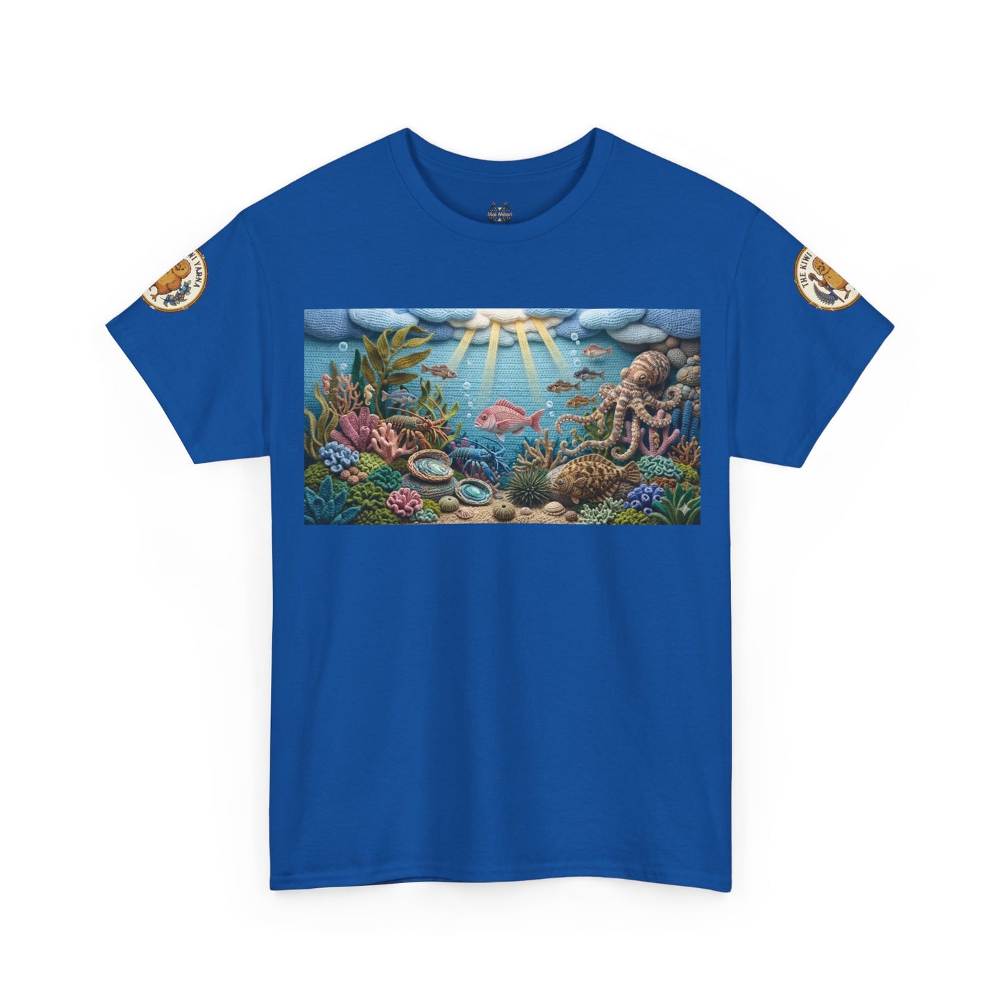 Royal blue T-shirt with sea scene graphic and circular shoulder patches