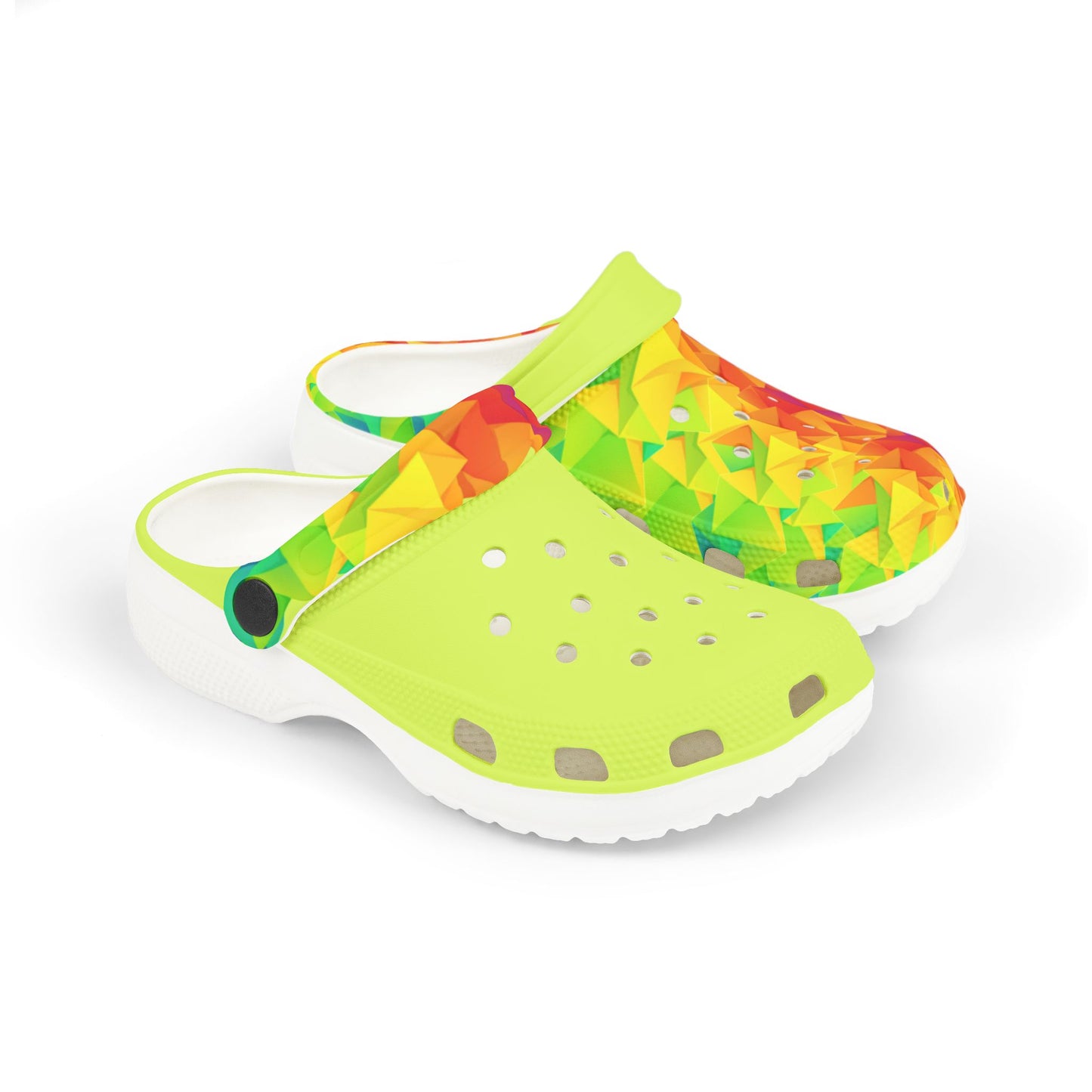 Ahi lime-green clog with multicolor geometric upper and white sole side view
