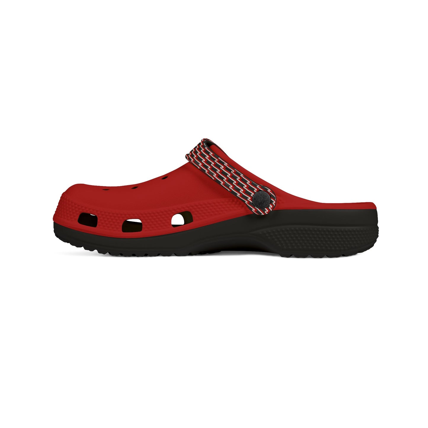 Red and black slip-on clog with strap across top and perforated design