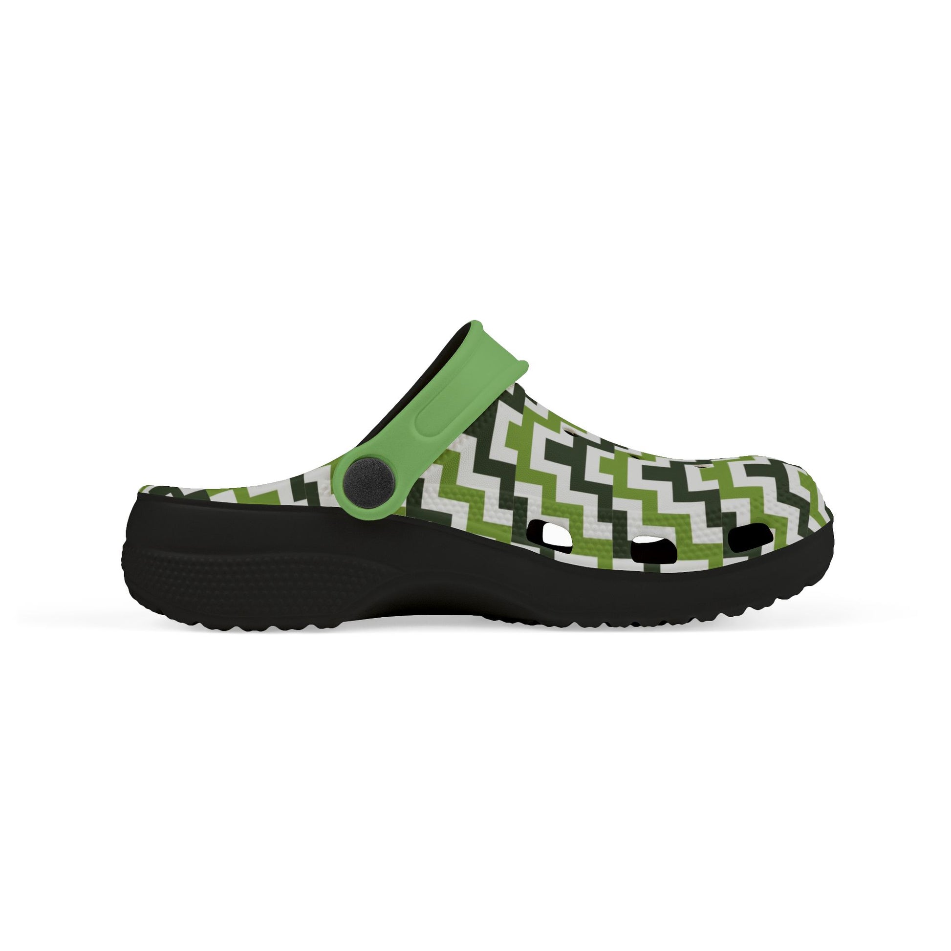 Zigzag clog sandals with green strap, black sole and round strap button