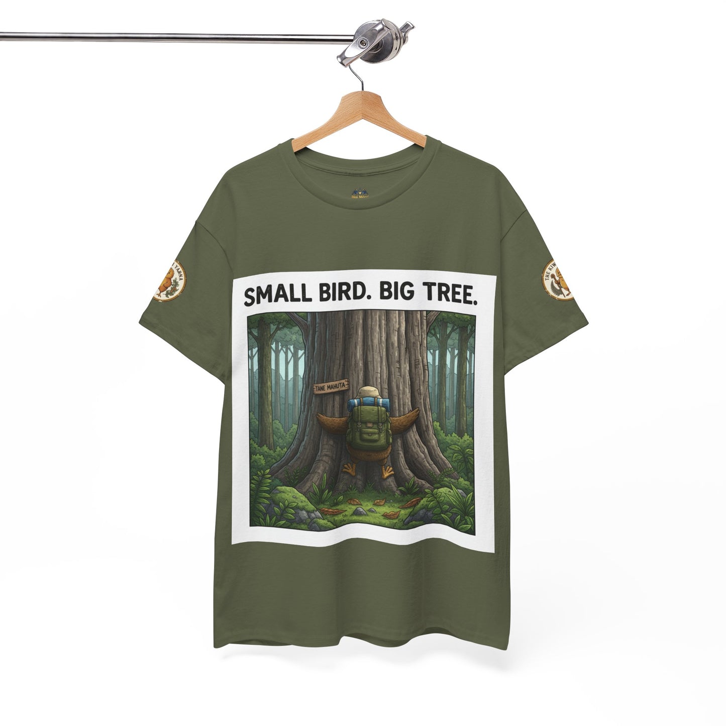 Unisex graphic T-shirt, dark green with front square forest scene and slogan
