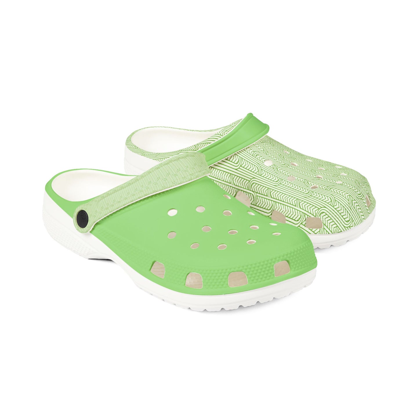 Maoritanga slide clogs, green perforated upper with patterned sides, white sole