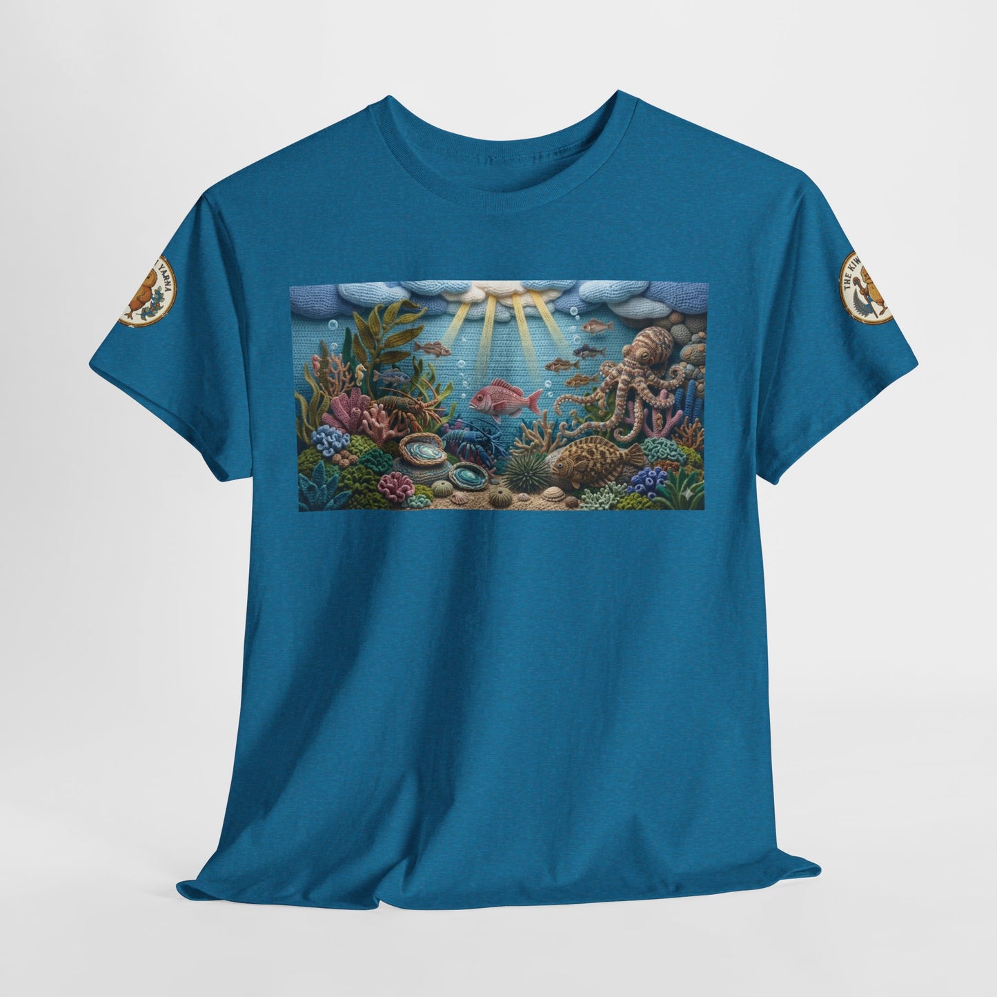 Teal/blue ocean graphic T-shirt with reef artwork panel on chest and sleeve patch accents