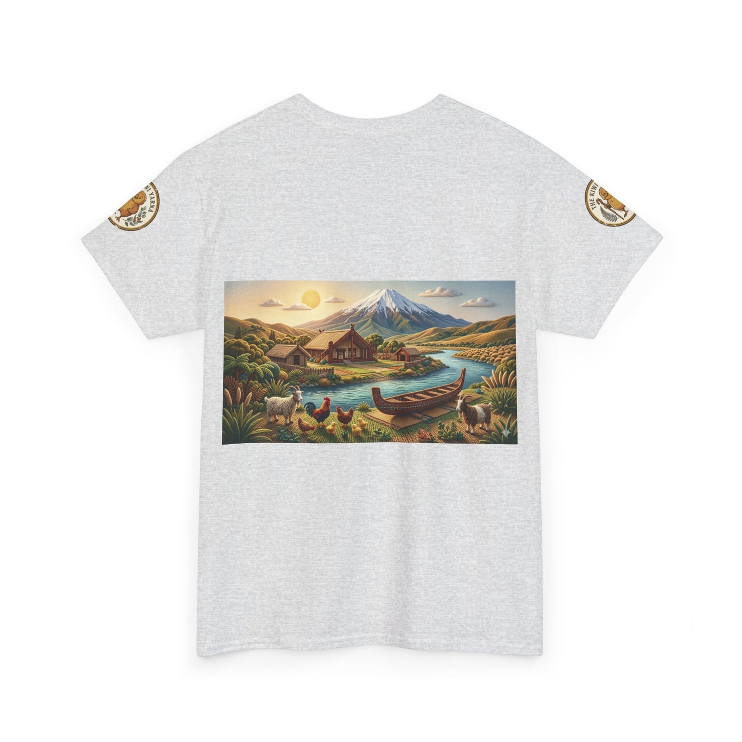 Light gray crew-neck graphic T-shirt with front landscape print and circular sleeve logos