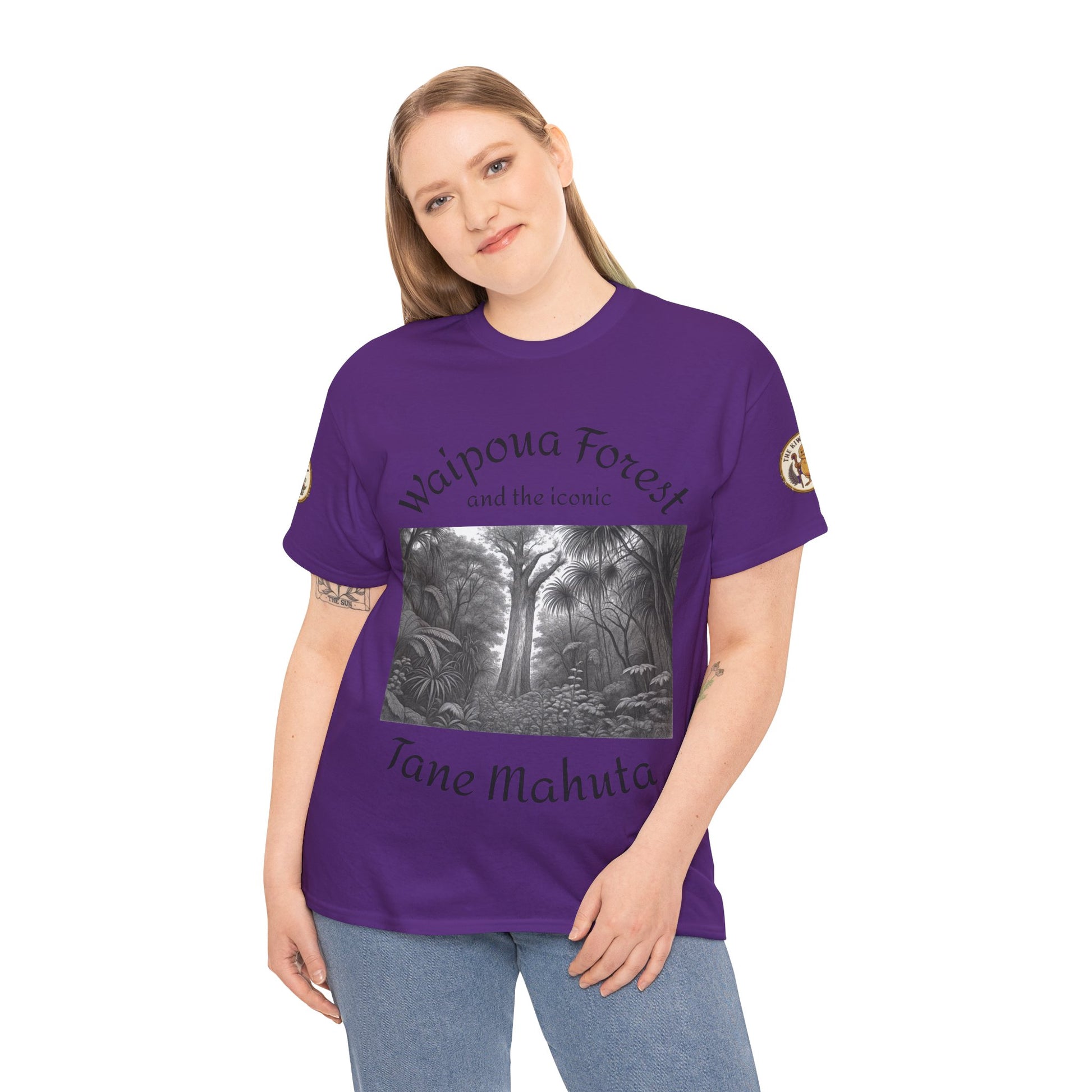 Purple graphic T-shirt on model, crew neck, monochrome forest panel on chest