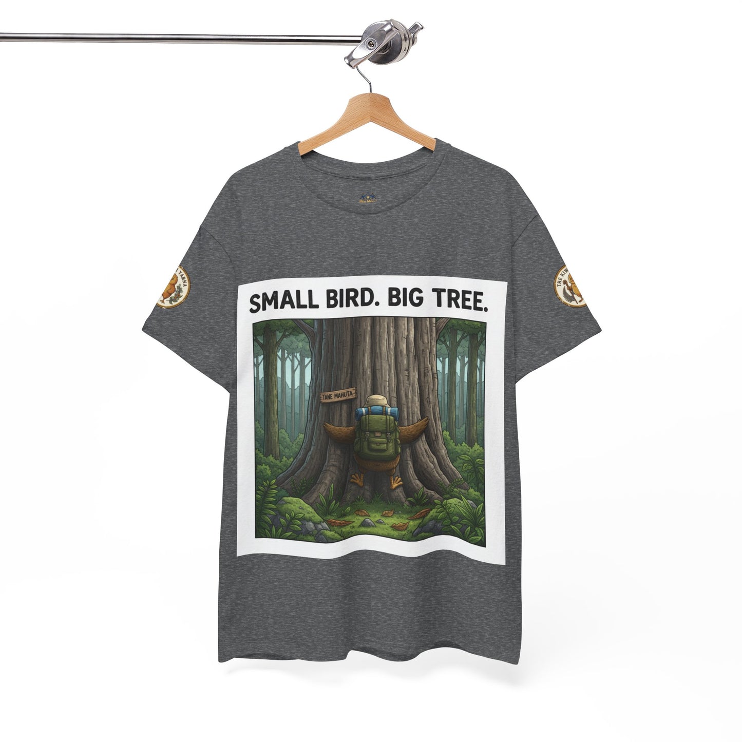 Gray heather T-shirt with large forest artwork graphic on chest