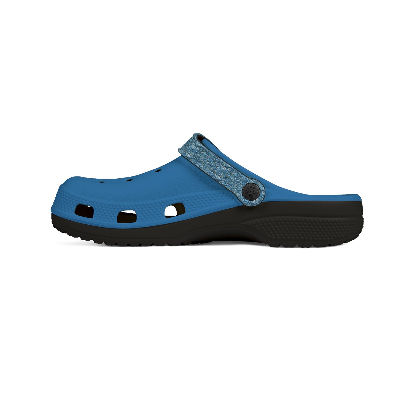 Blue clog sandal with patterned upper panel, ventilation holes and dark sole
