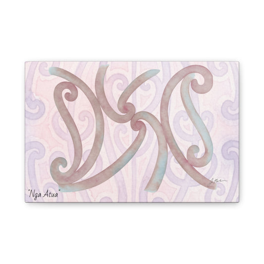 Canvas art print with pastel curving glyphs on light background, 'Nga Atua' lower left.