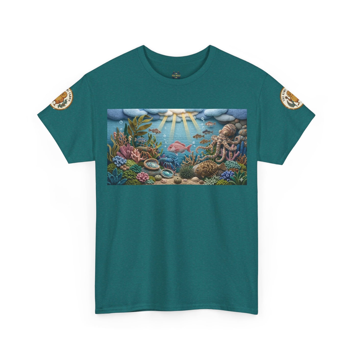 Teal T-shirt with sea scene graphic and circular shoulder patches