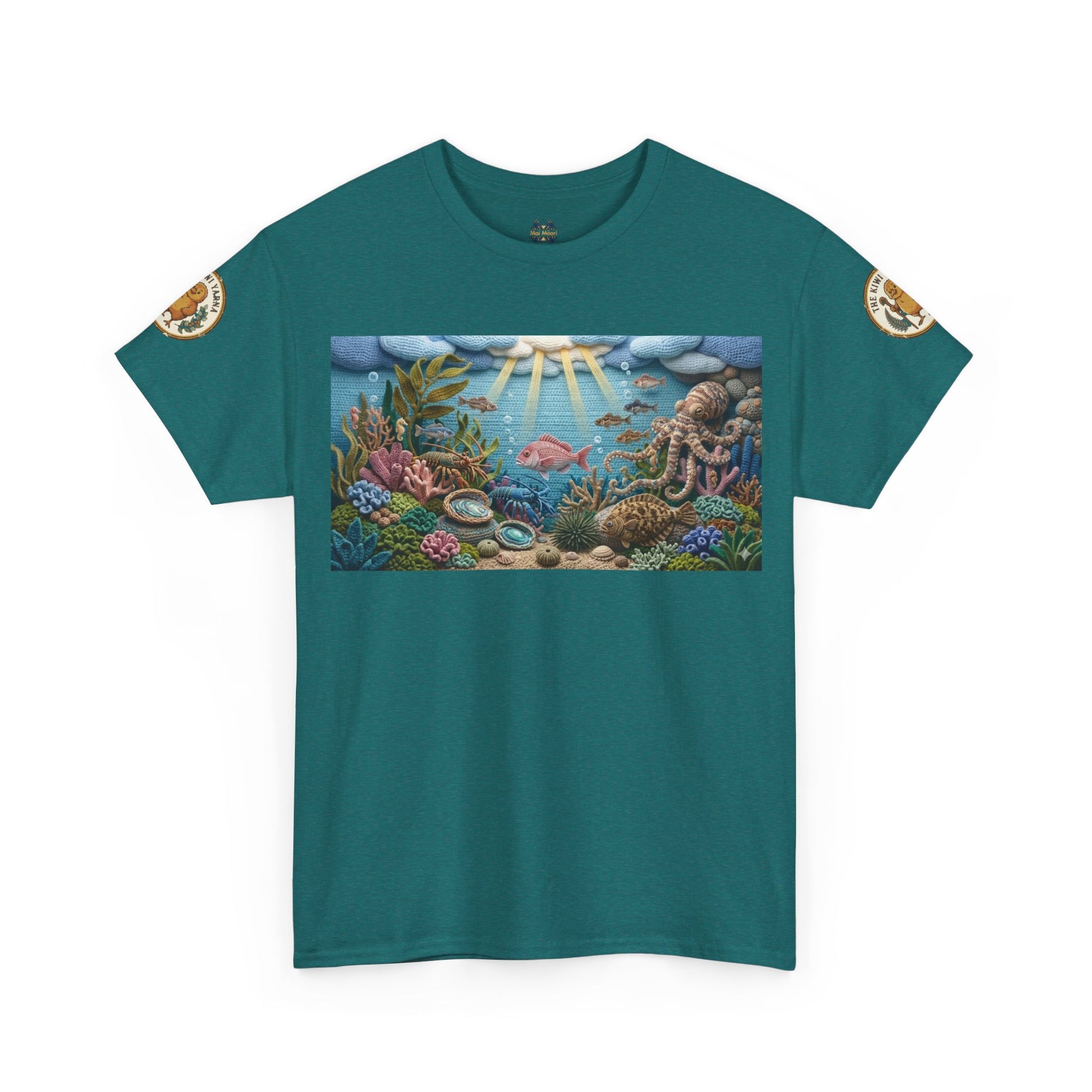 Teal T-shirt with sea scene graphic and circular shoulder patches