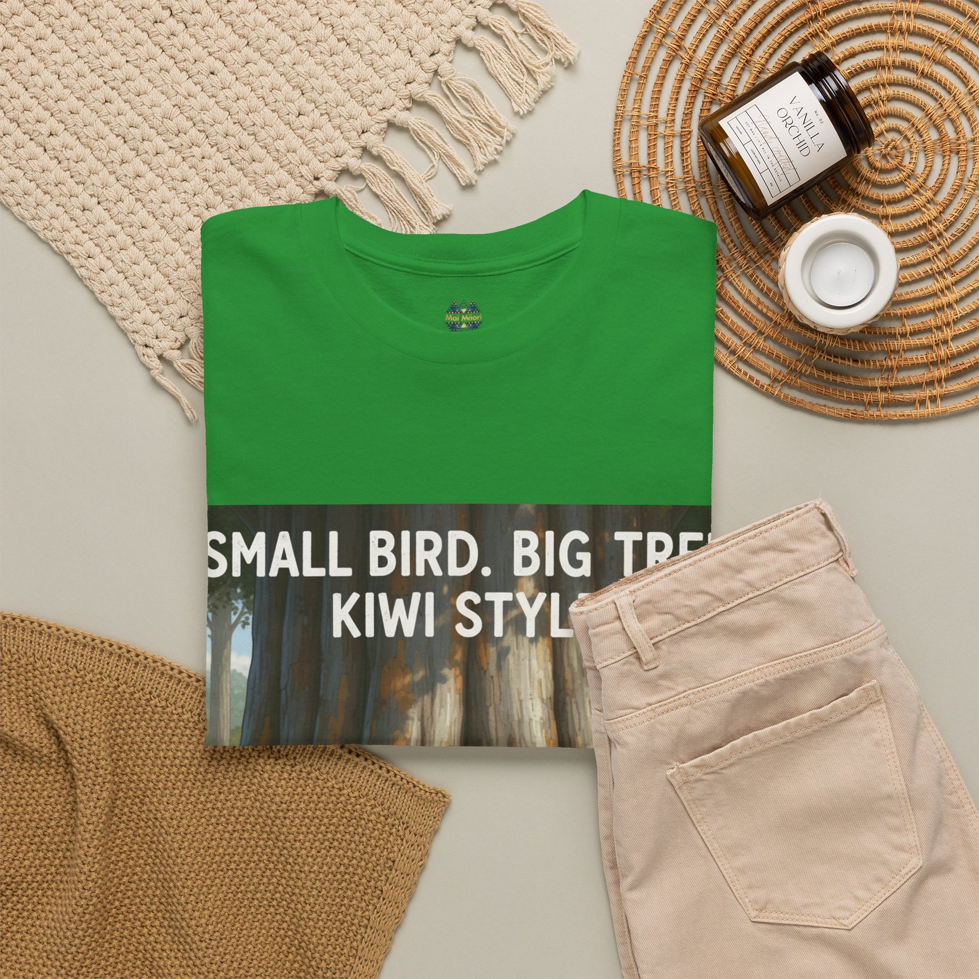 Green kids graphic T-shirt, front forest scene print with “Kiwi Style” text