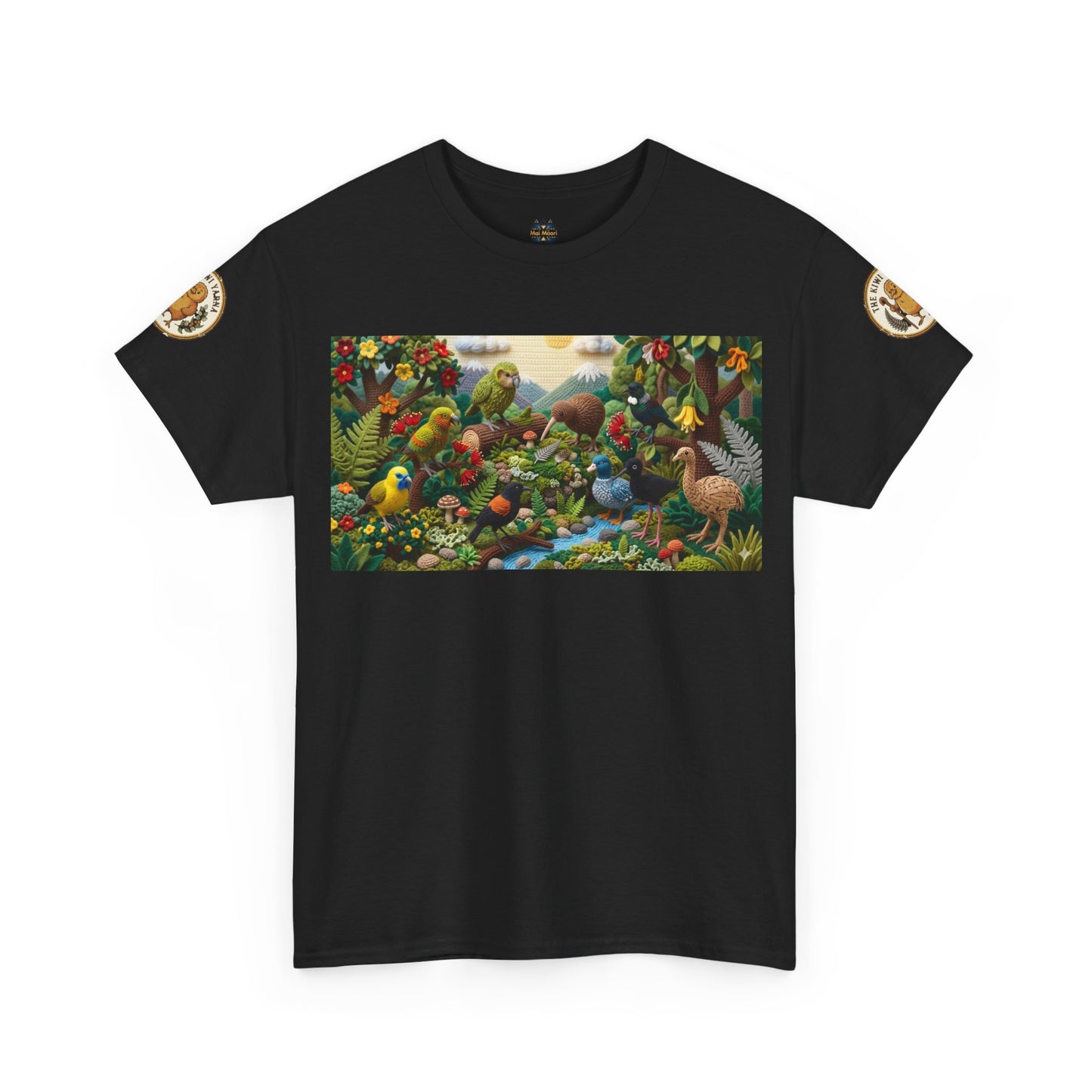 Black crewneck T-shirt with wildlife bird graphic and circular sleeve logo patches