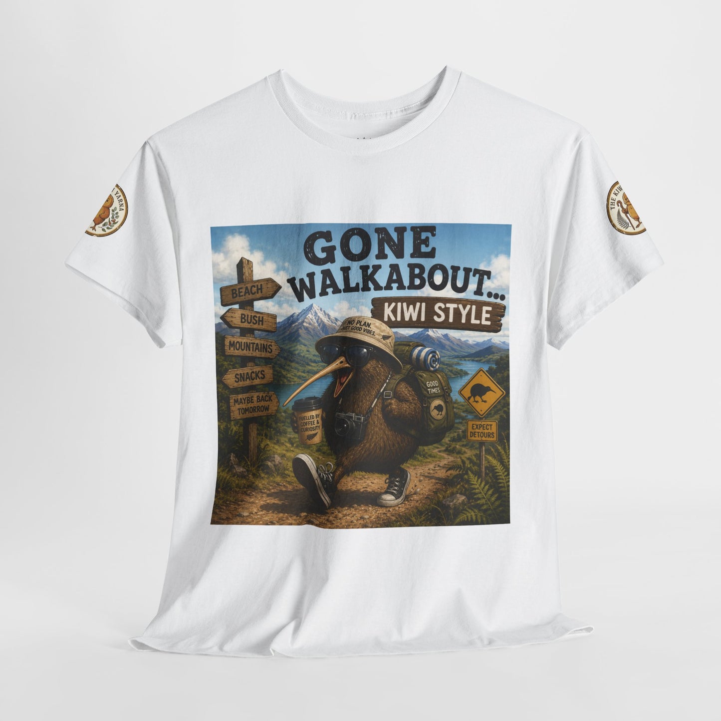 White crew T-shirt with large Gone Walkabout Kiwi Style front graphic and sleeve patches
