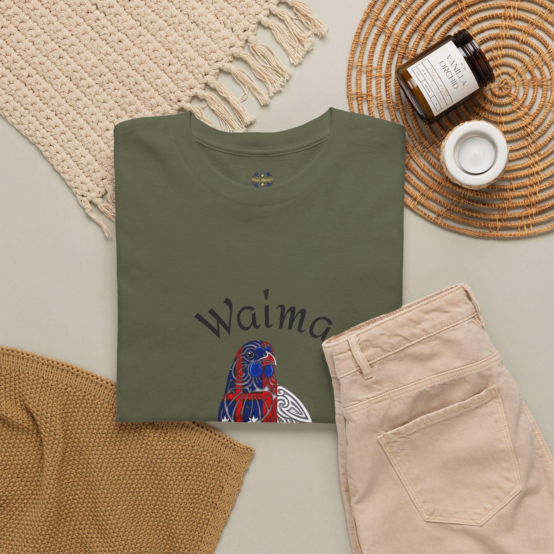 Olive green graphic T-shirt with bird and flowers front design