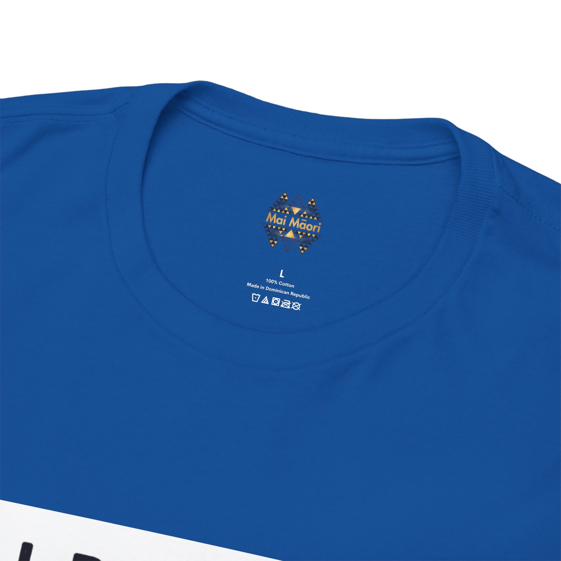 Blue crew-neck T-shirt with small chest logo at neckline, close-up