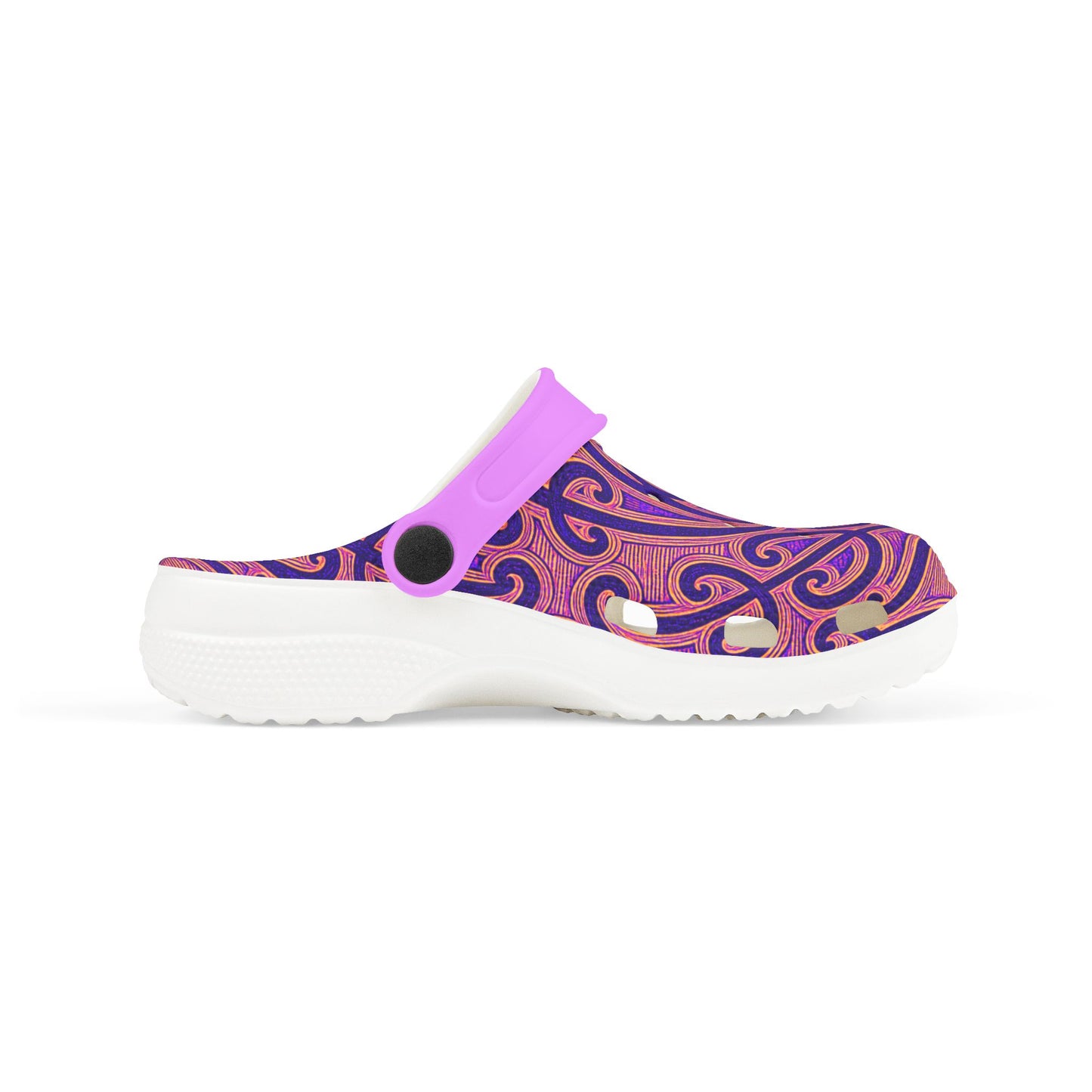 Tauira slip-on clogs, side view with ornate blue/purple upper, purple strap, white sole