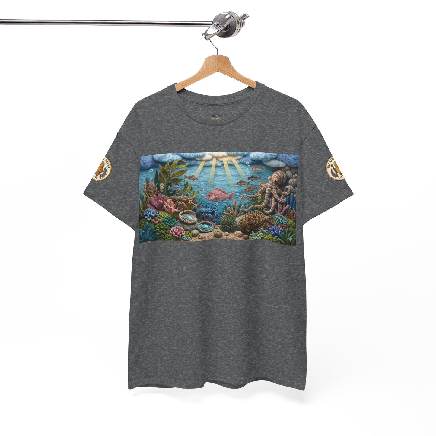Heather gray crew-neck graphic T-shirt with rectangular ocean scene front print
