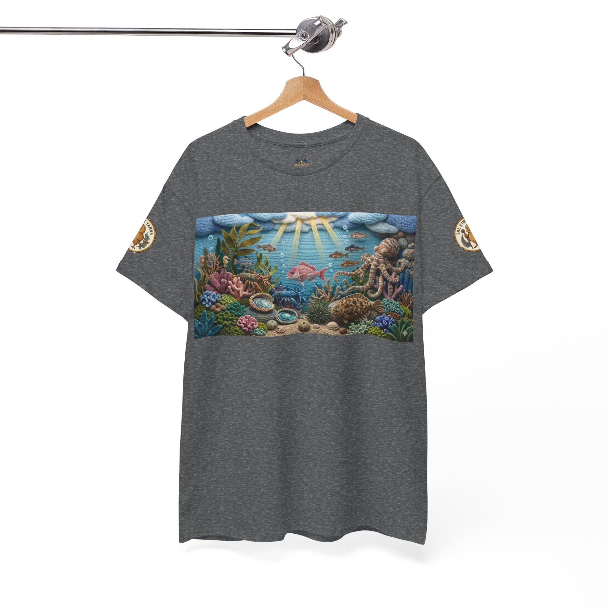Heather gray crew-neck graphic T-shirt with rectangular ocean scene front print