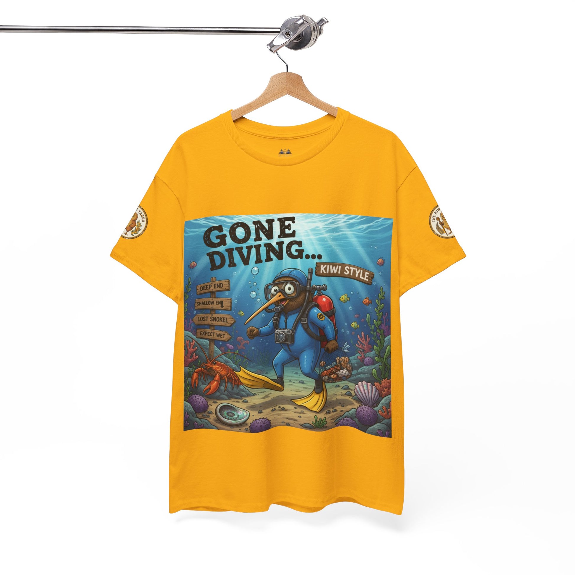 Yellow kids graphic T-shirt front, featuring a diver cartoon square print