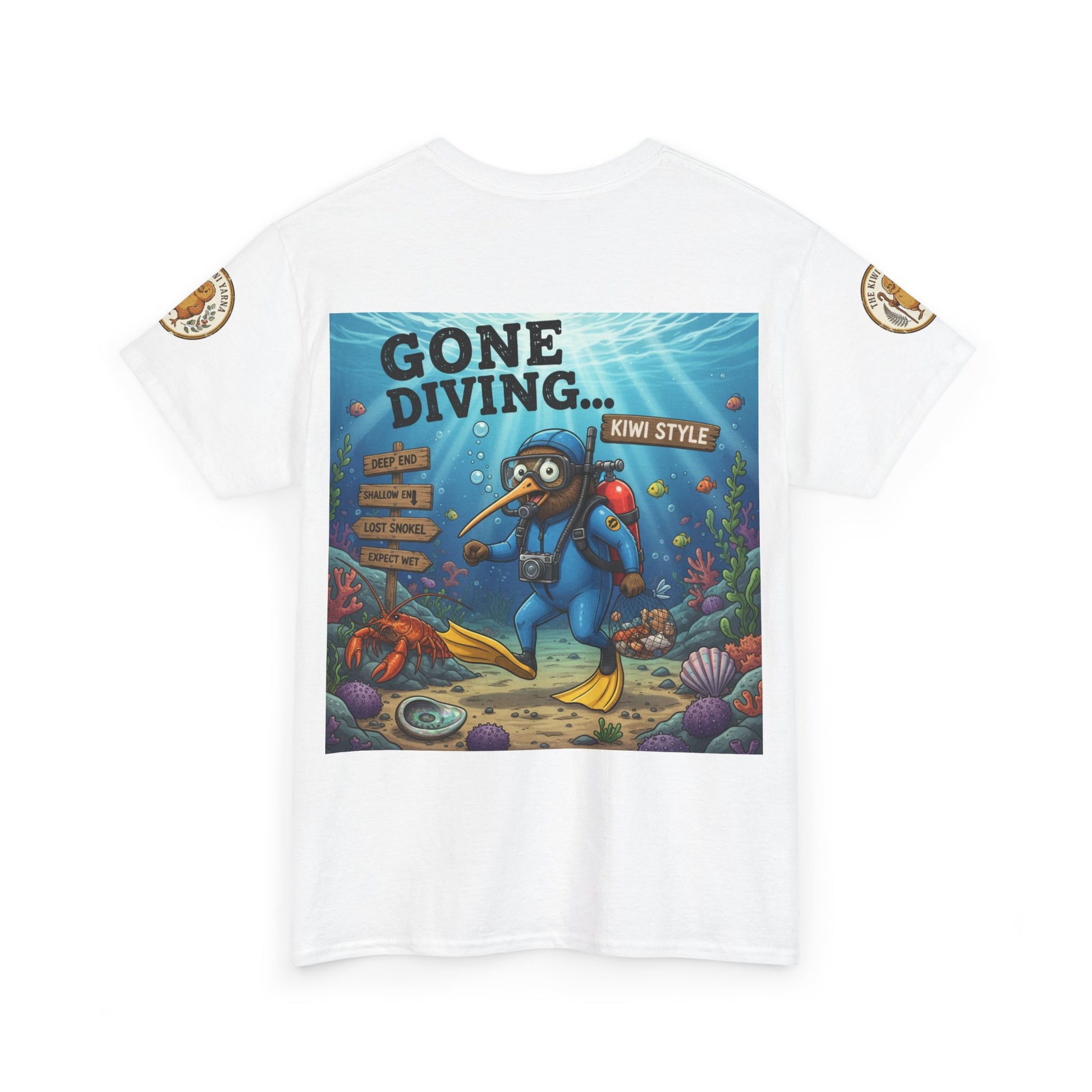 White crew-neck T-shirt with central 'Gone Diving... Kiwi Style' underwater graphic