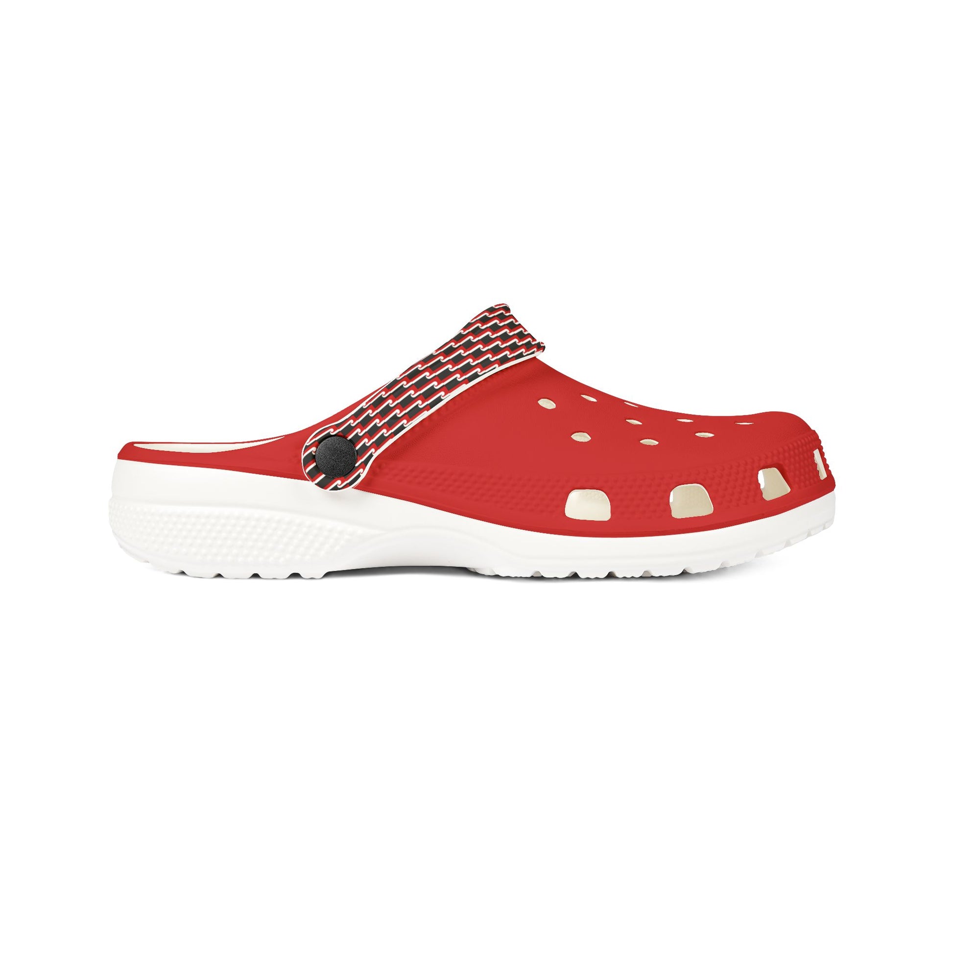 Tino clog shoe, red upper with perforation cutouts, black-and-red strap, white sole