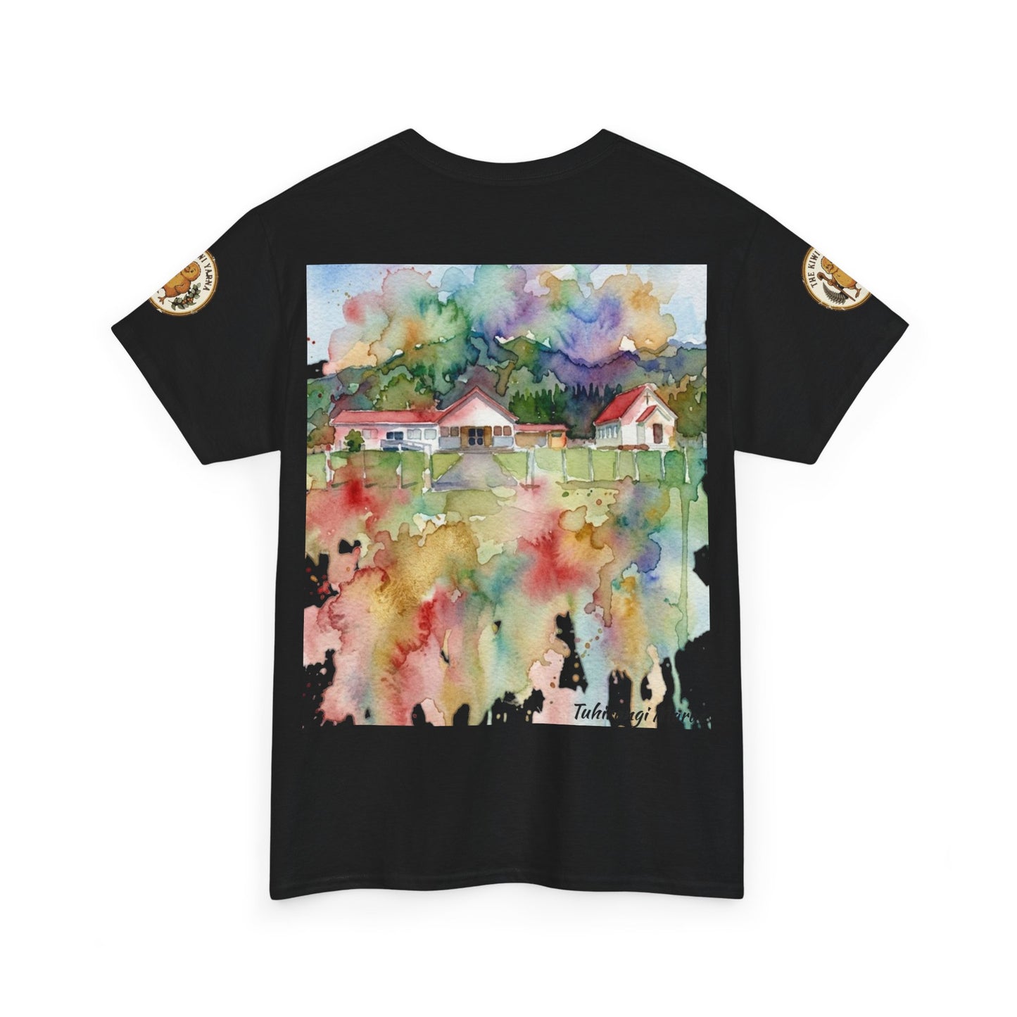 Black crewneck t-shirt with centered watercolor house garden print; small sleeve emblem.