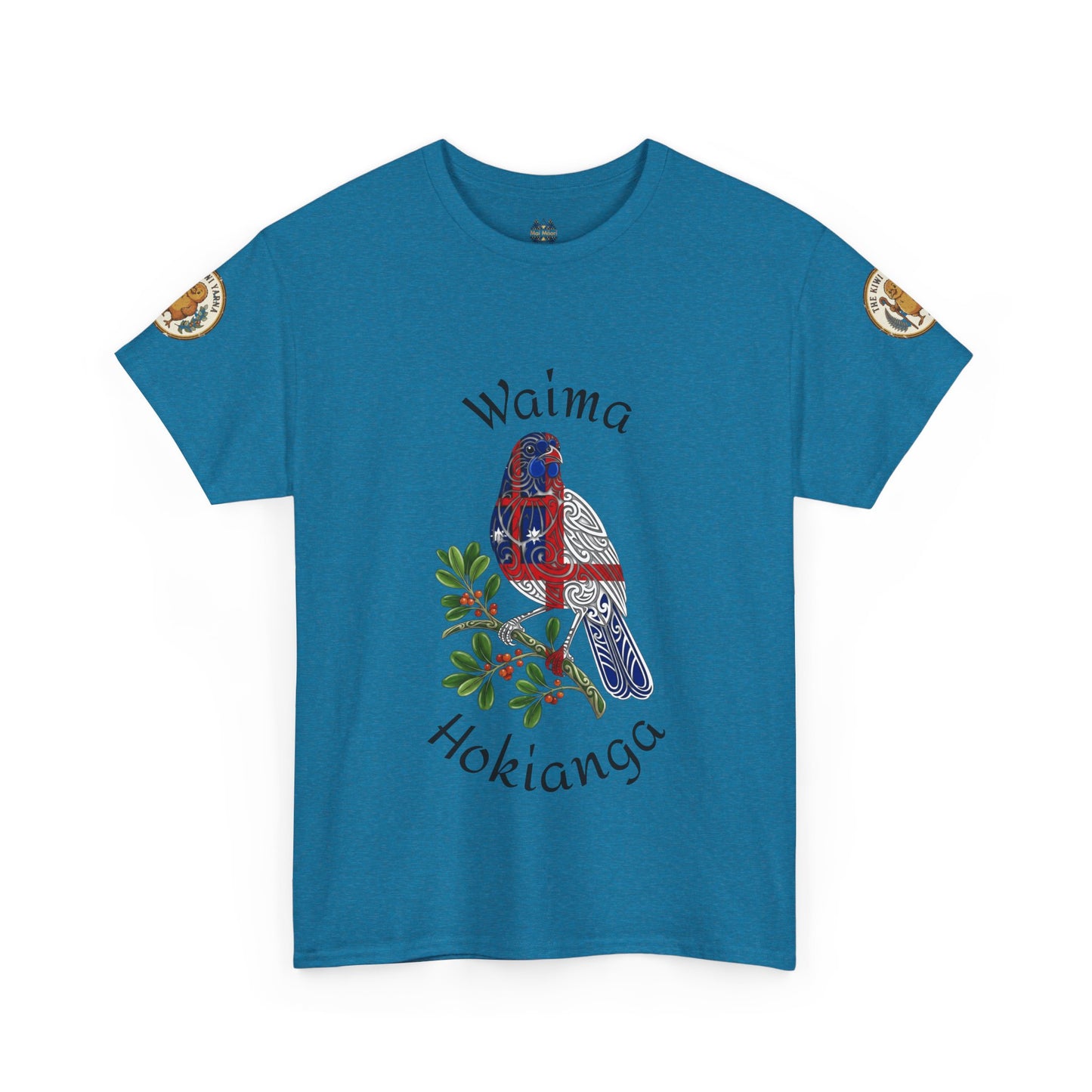 Blue T-shirt with bird graphic and script print, crew neck, short sleeves.