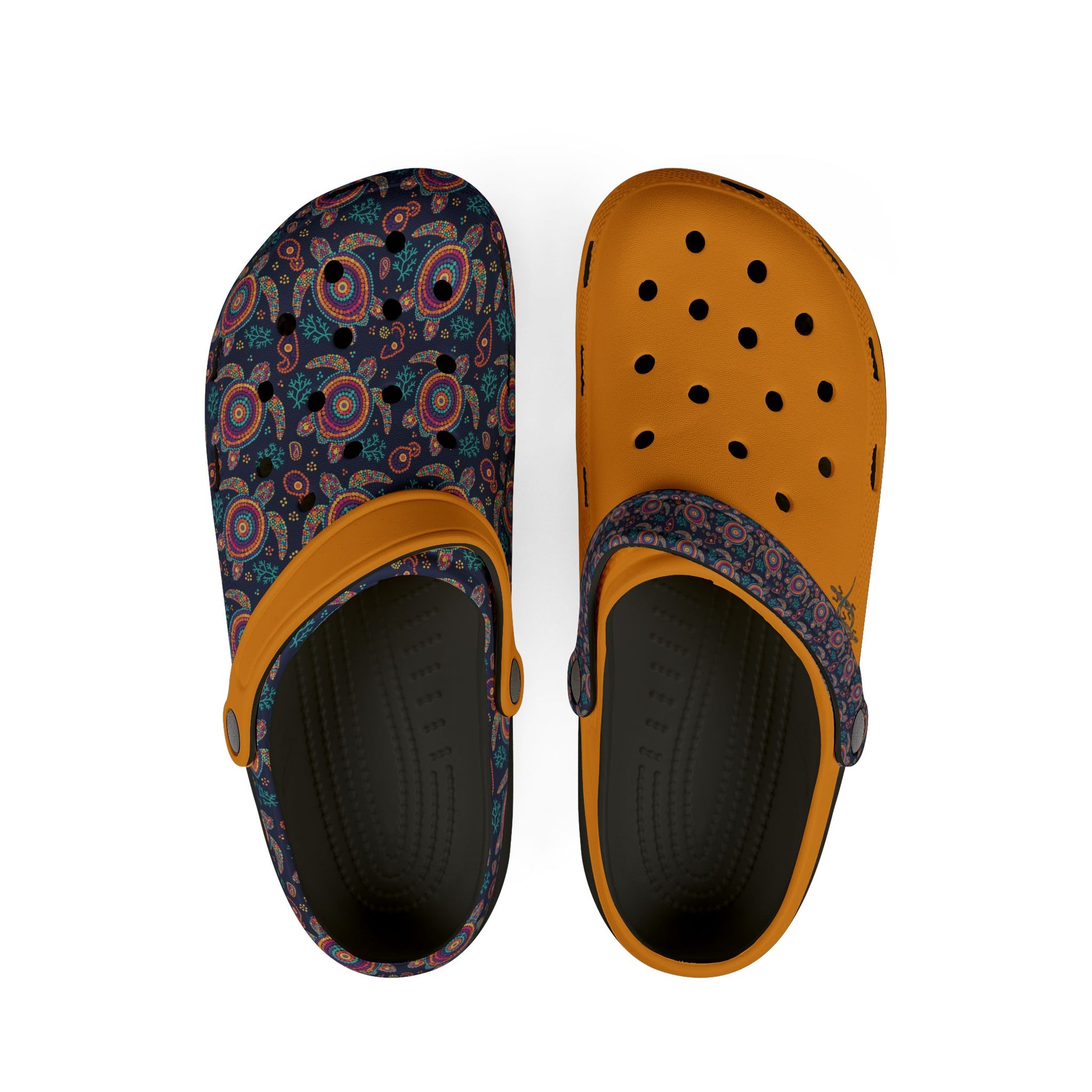 Pair of Croc-style clogs, dark paisley tops with orange interiors and ventilation holes