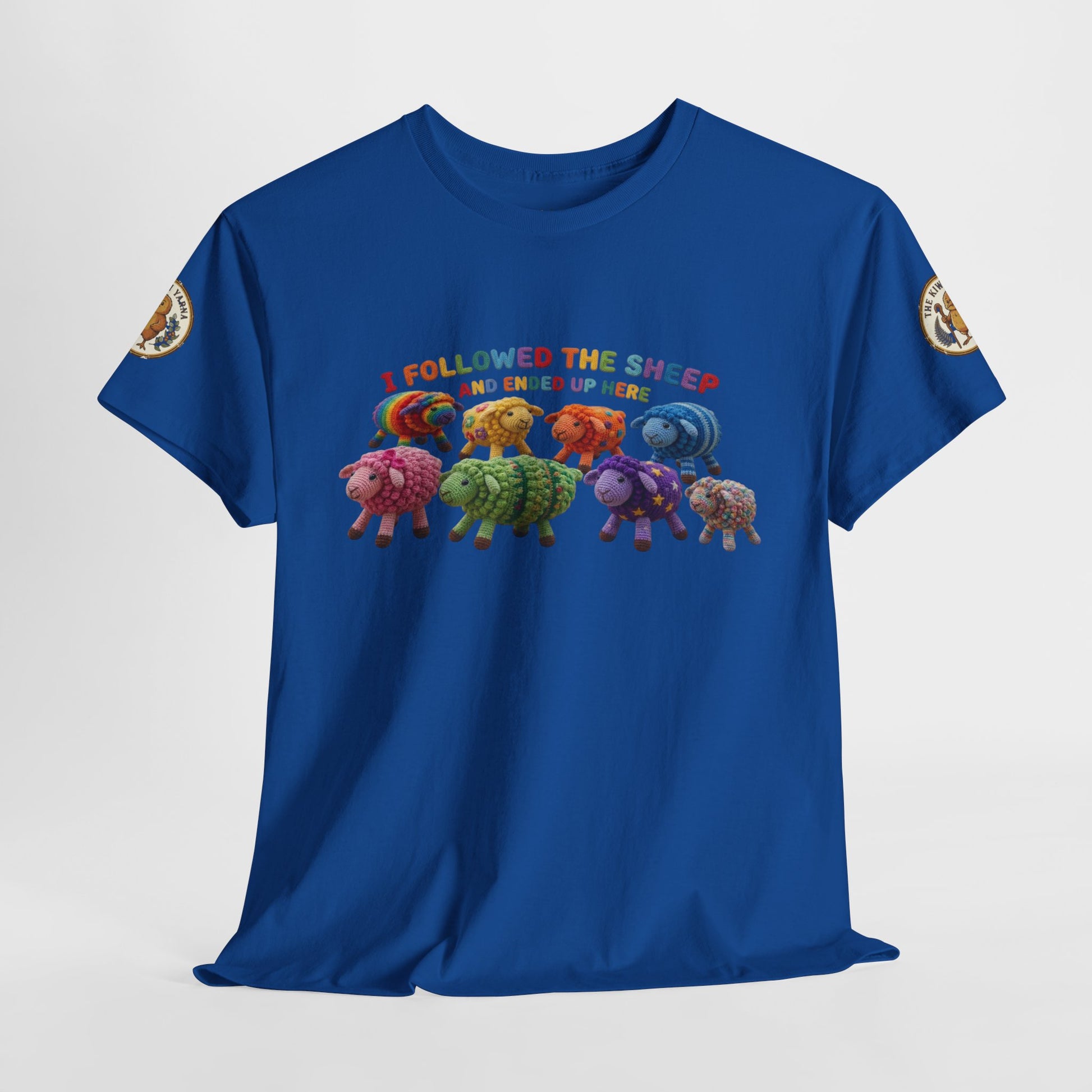 Royal blue short-sleeve T-shirt with colorful sheep graphic centered on chest
