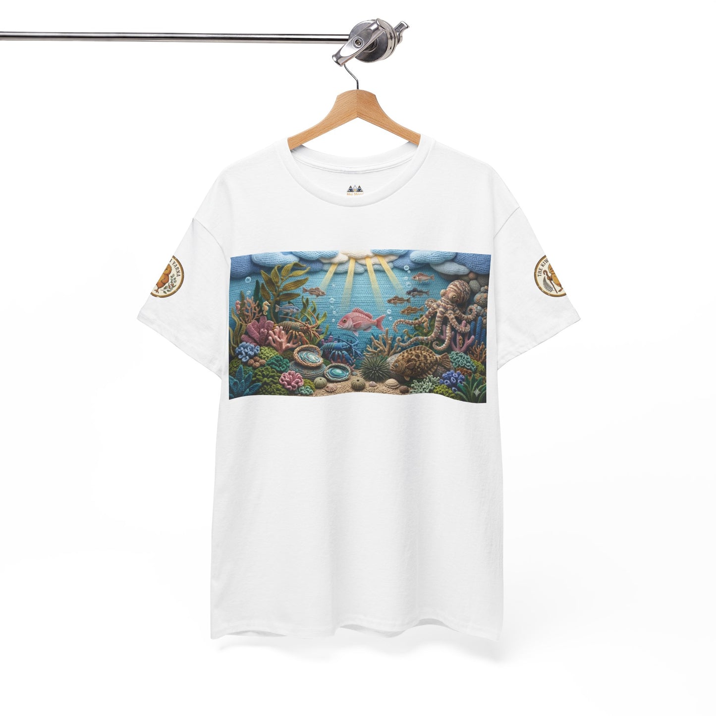 White crew-neck T-shirt on hanger with rectangular undersea scene print.
