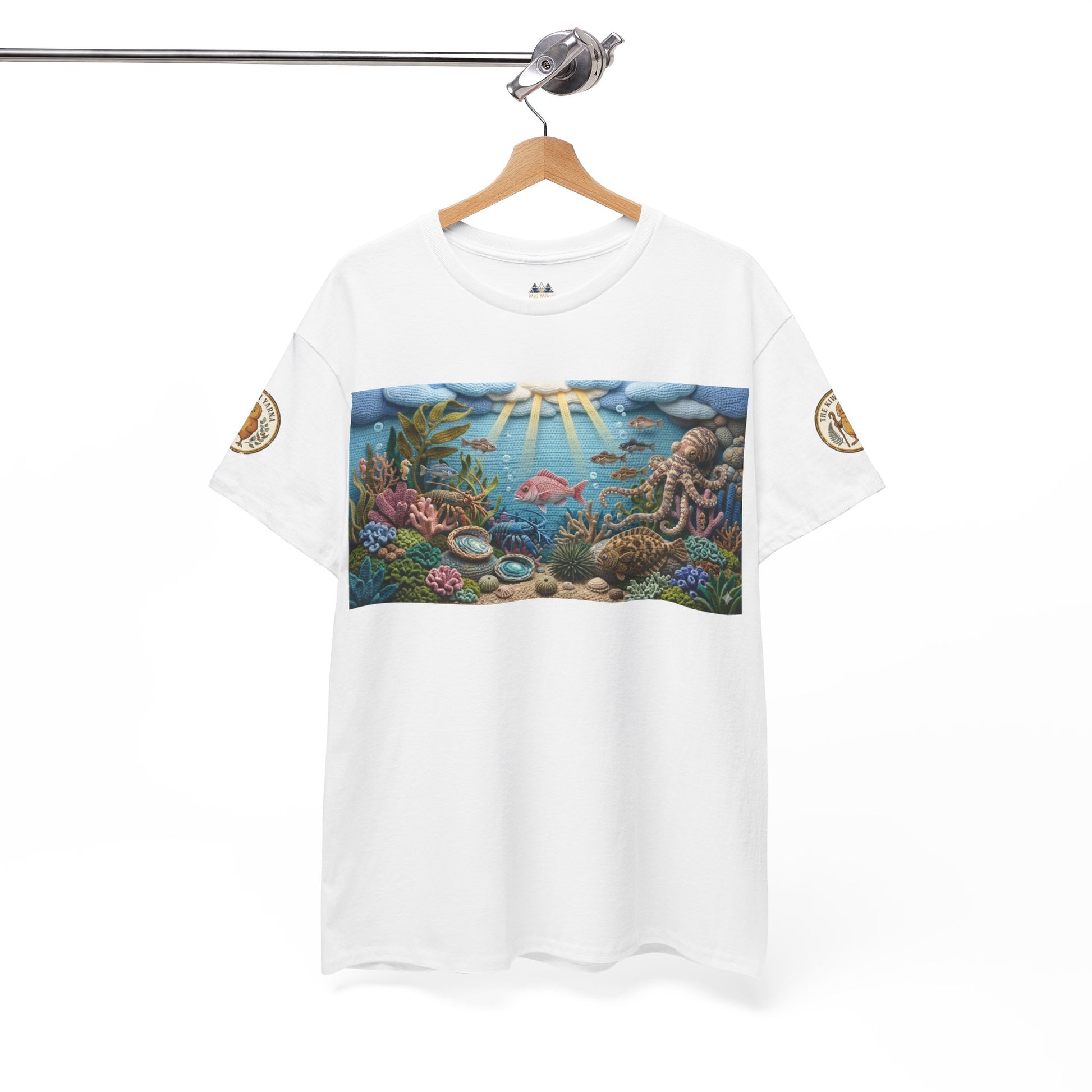 White crew-neck T-shirt on hanger with rectangular undersea scene print.