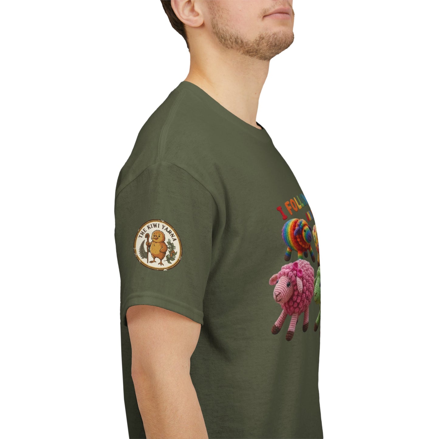 Olive green T-shirt side view with circular sleeve logo and sheep graphic