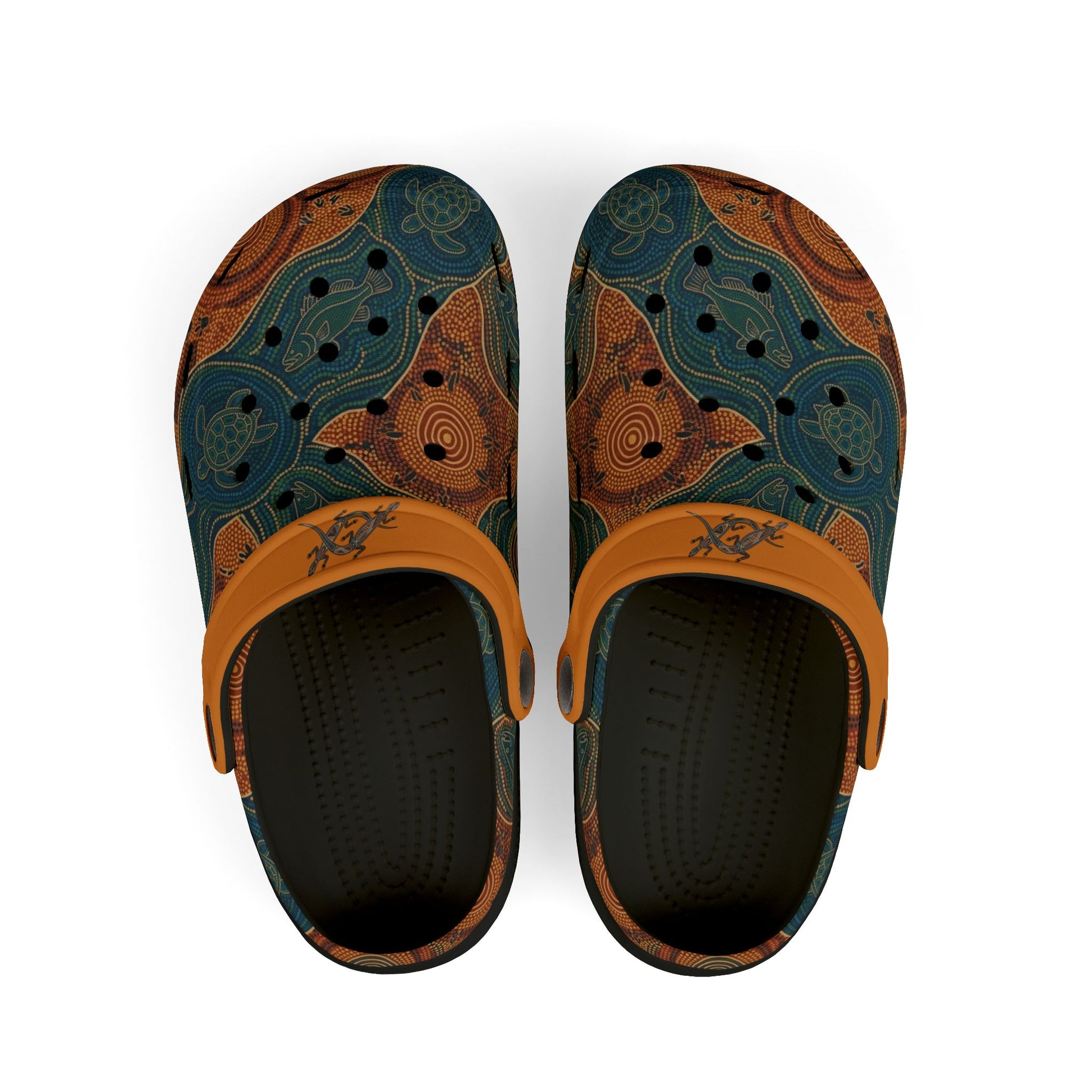 Casual clog shoe with teal-and-orange Aboriginal art print upper, orange strap, dark insole