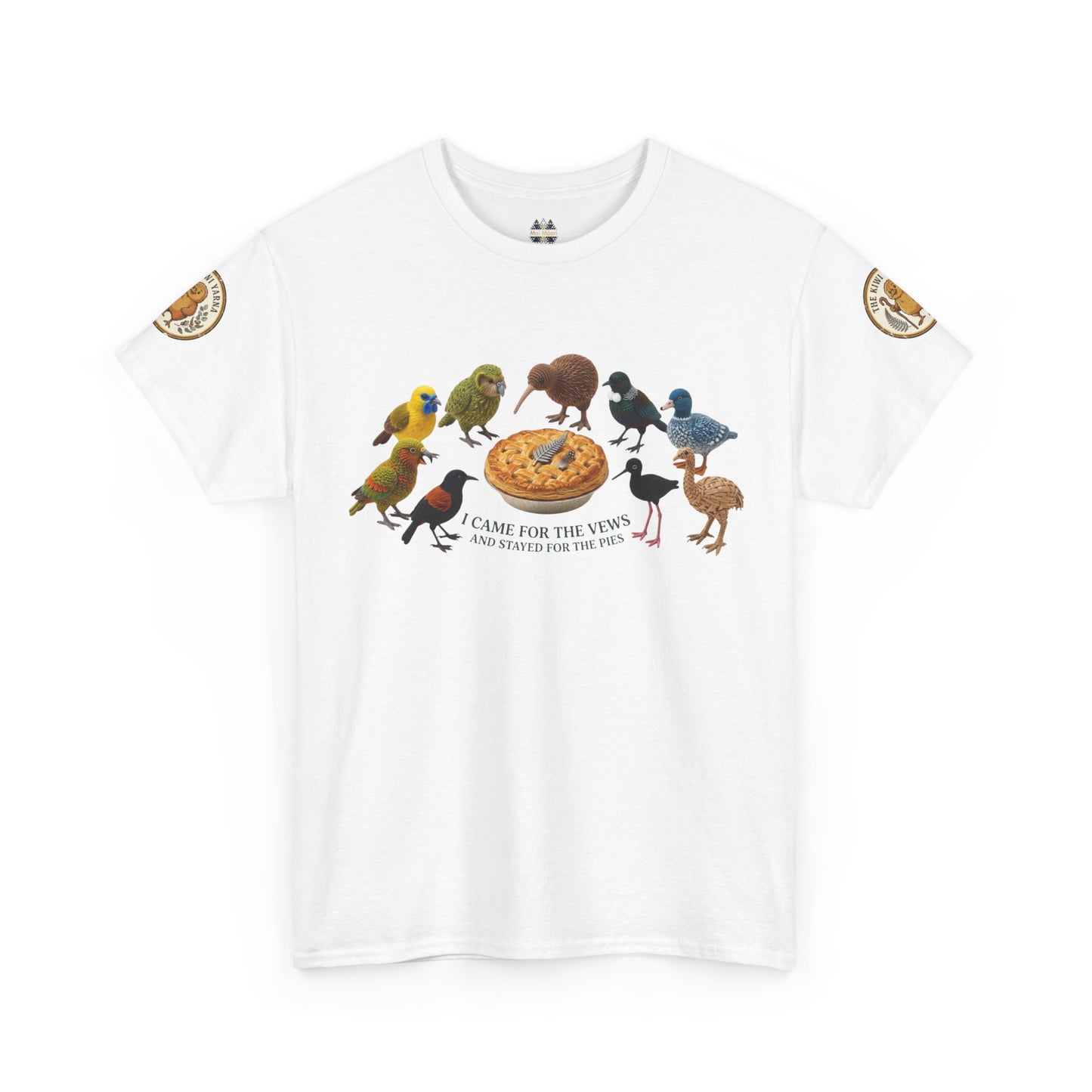White graphic T-shirt with birds-and-pizza print and round sleeve patches