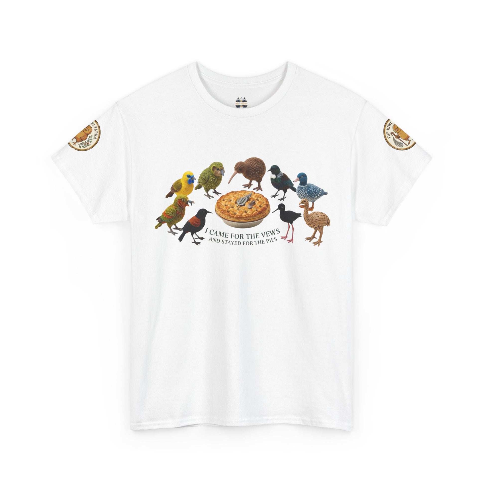 White graphic T-shirt with birds-and-pizza print and round sleeve patches