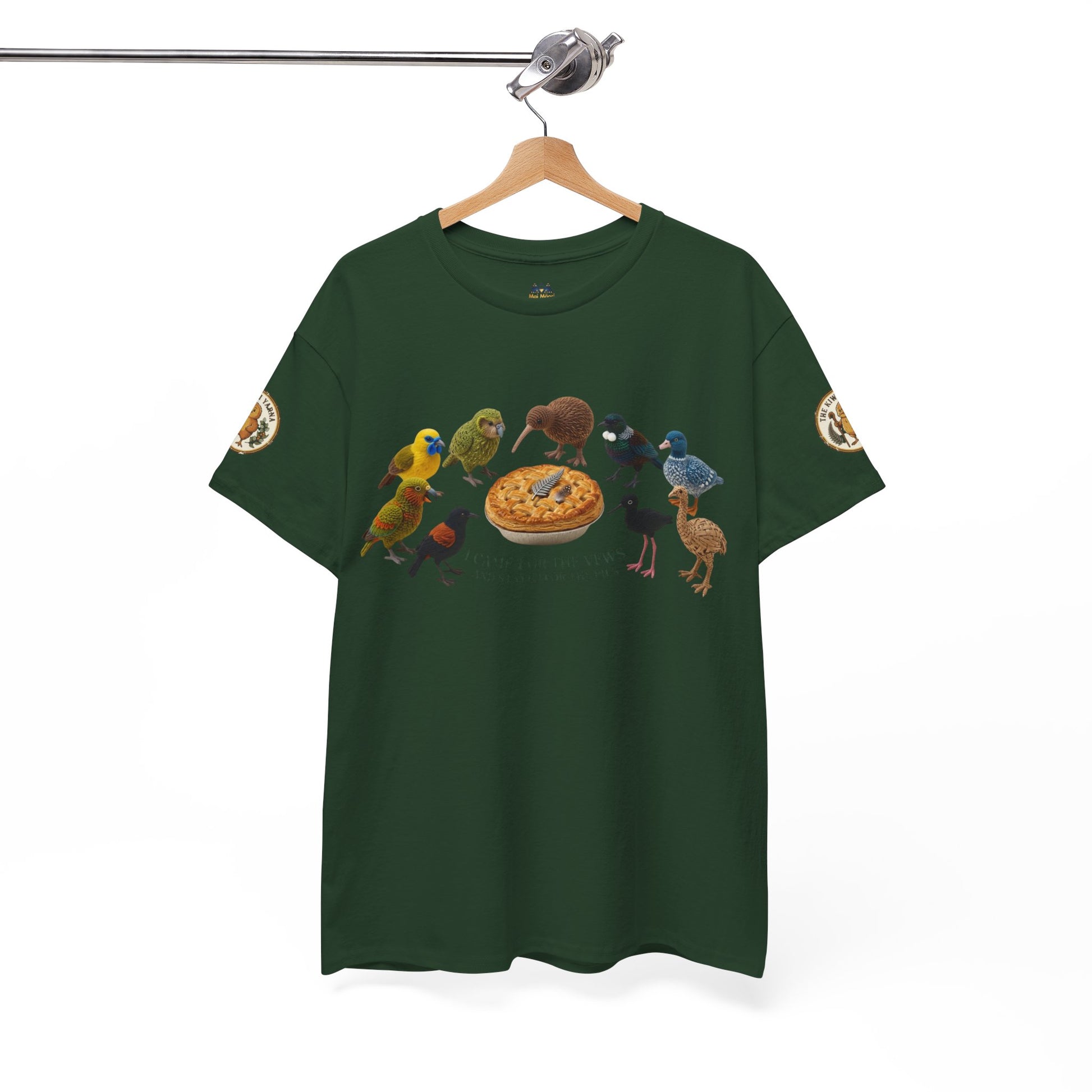 Dark green T-shirt hanging display with birds and pie graphic and small sleeve emblem