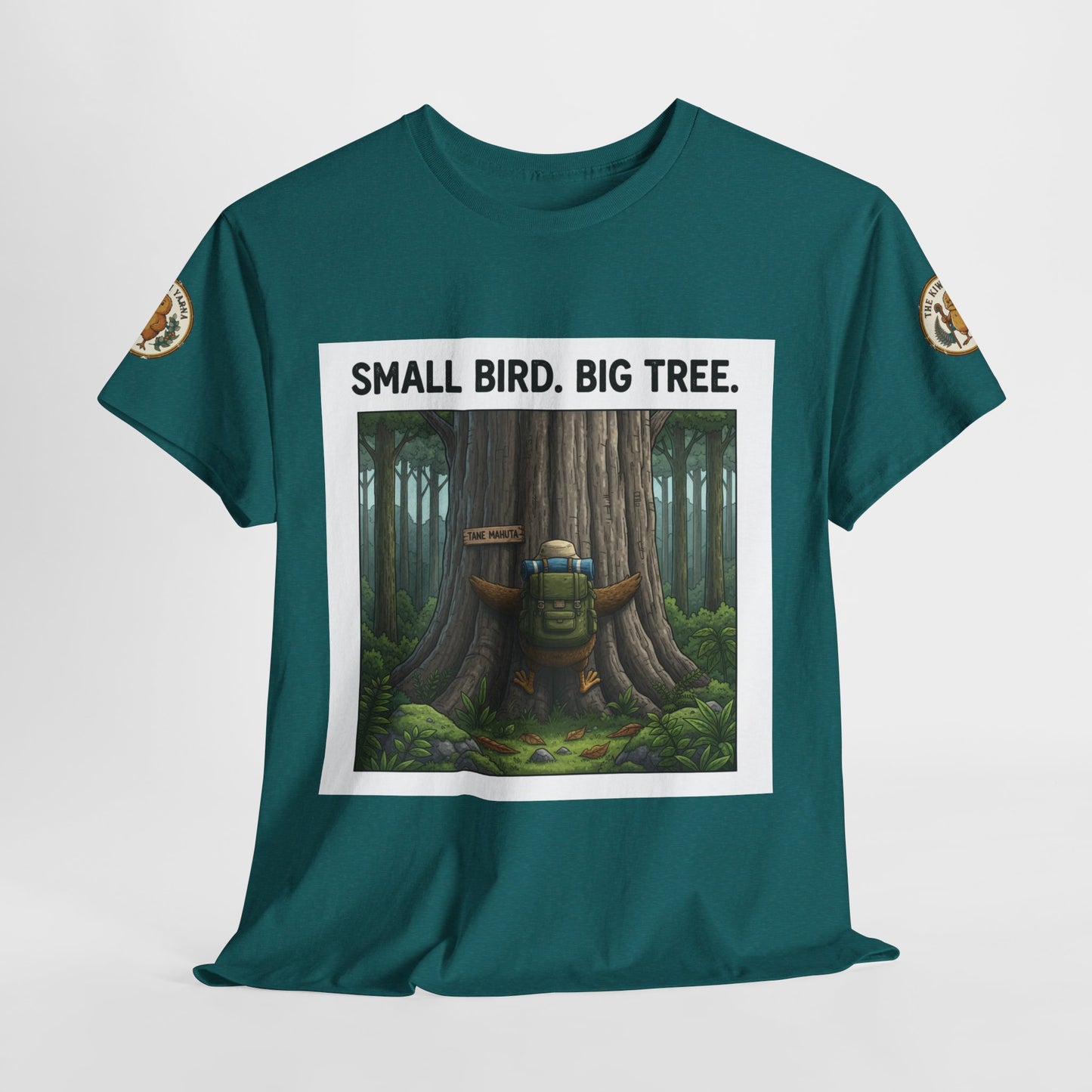 Teal crewneck T-shirt with "SMALL BIRD. BIG TREE." front graphic