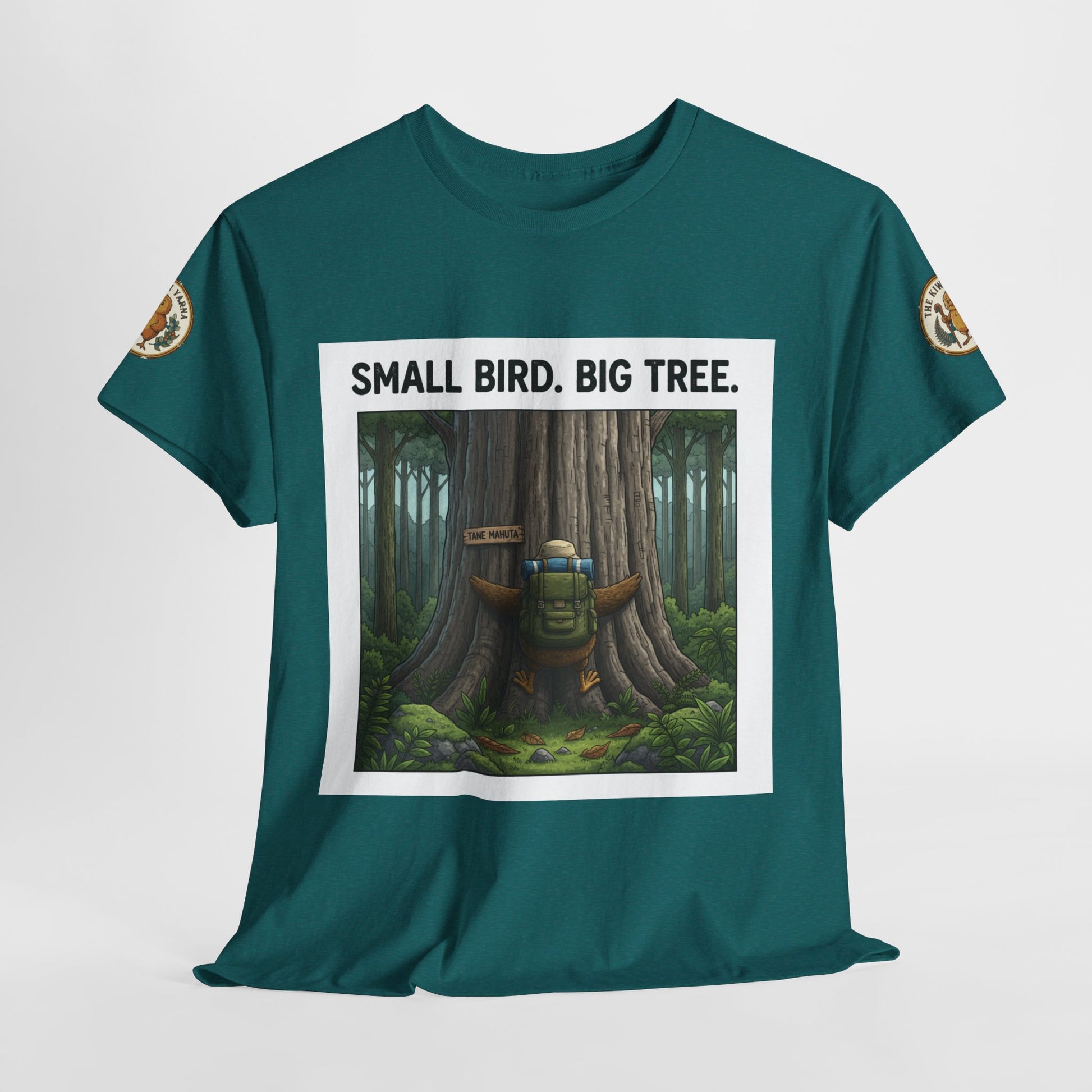 Teal crewneck T-shirt with "SMALL BIRD. BIG TREE." front graphic