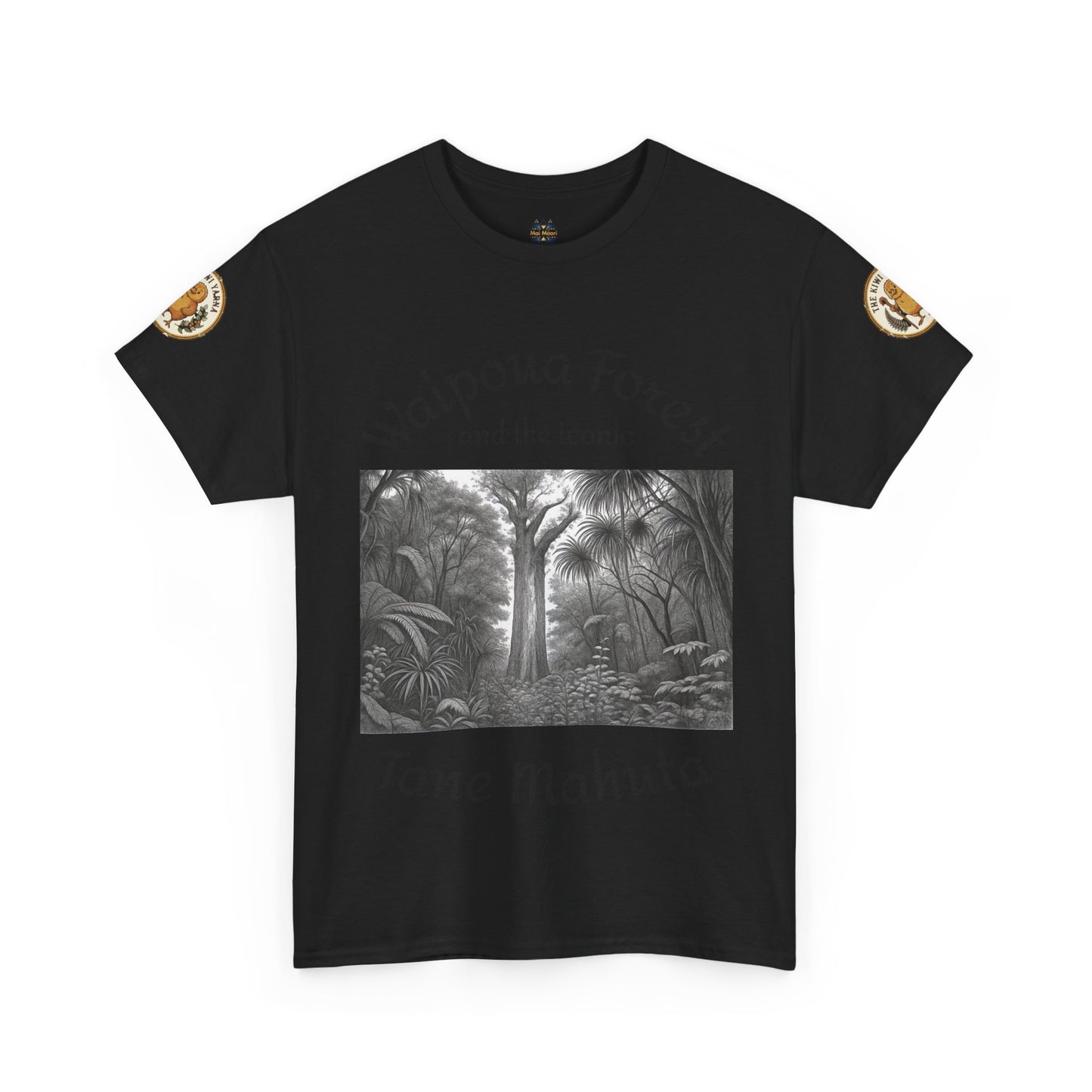 Black graphic T-shirt with monochrome forest scene and 'Tane Mahuta' text