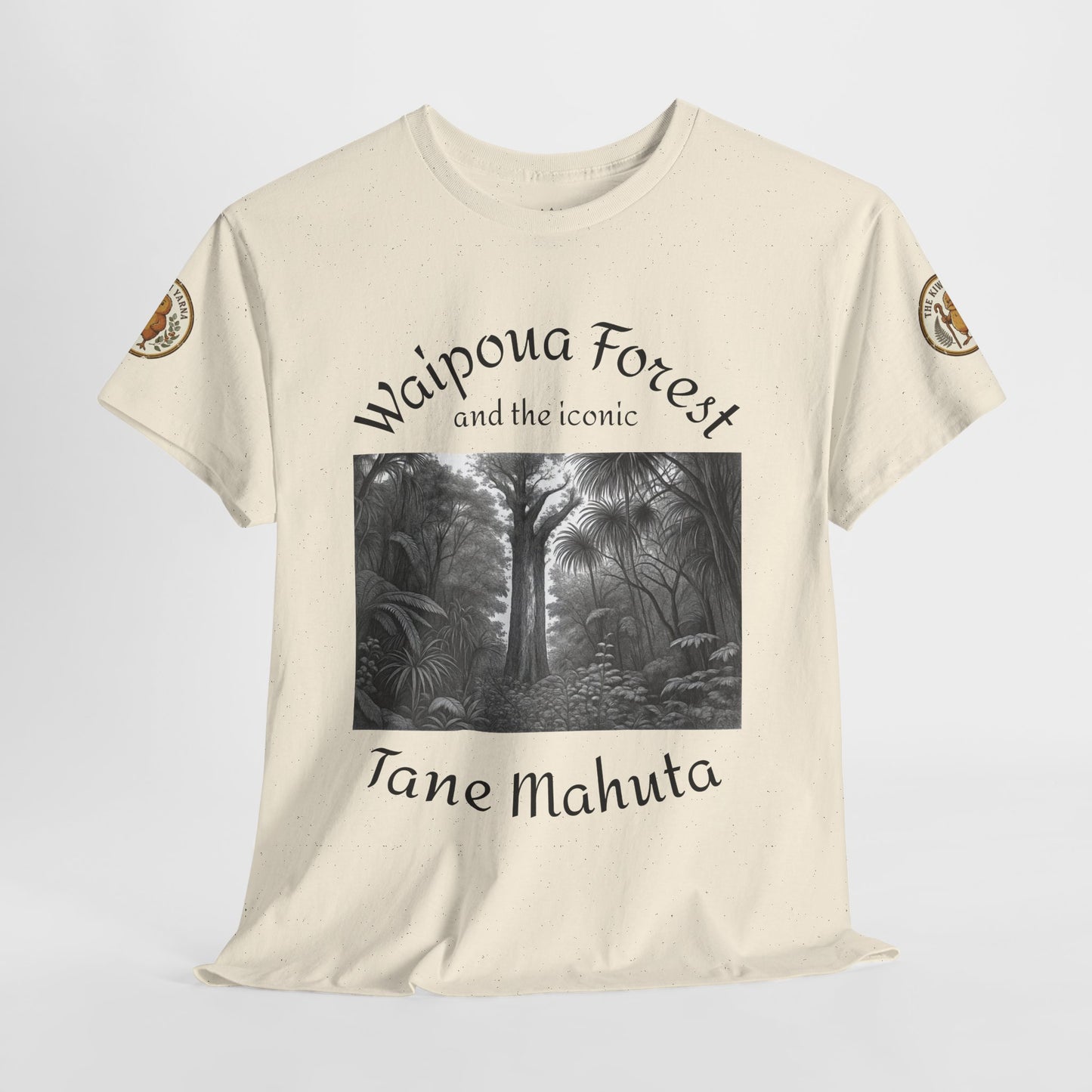 Cream graphic T-shirt with forest landscape front print, Waipoua Forest text, and sleeve patches
