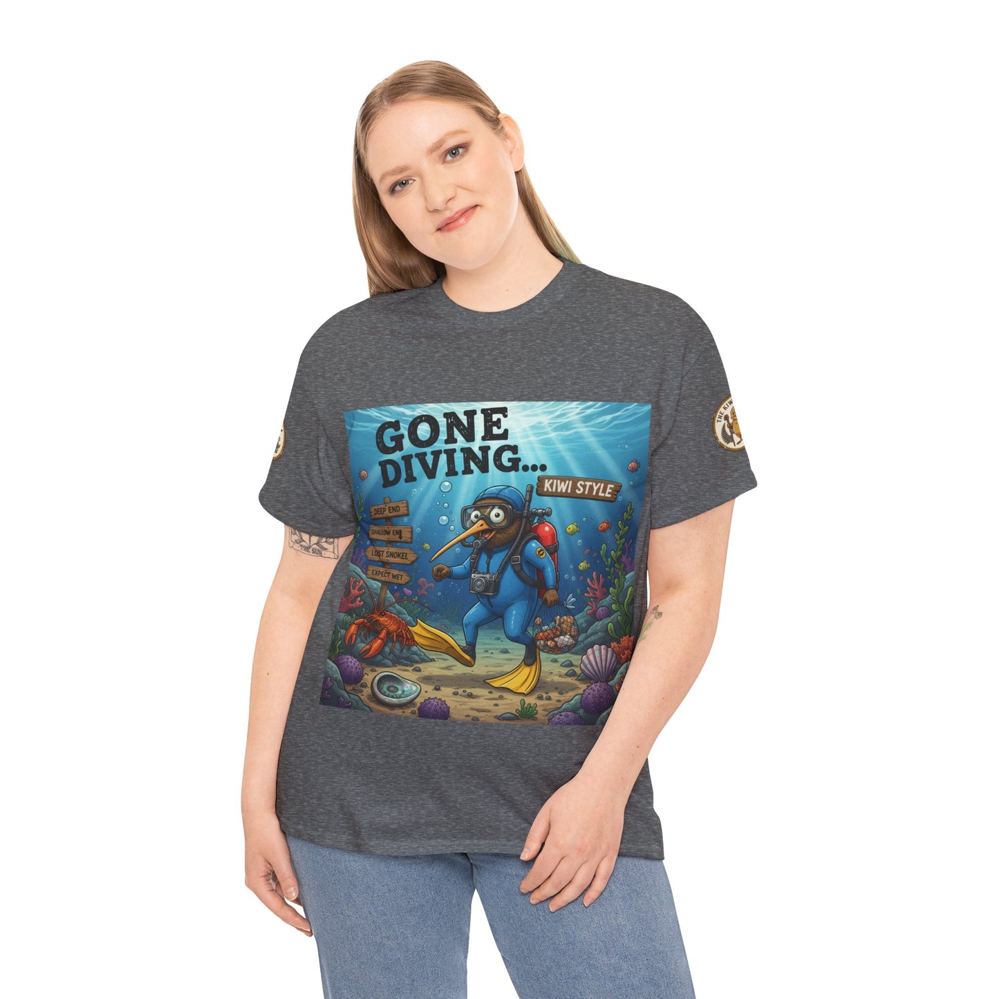Gray T-shirt on model with ocean diver graphic print and short sleeves